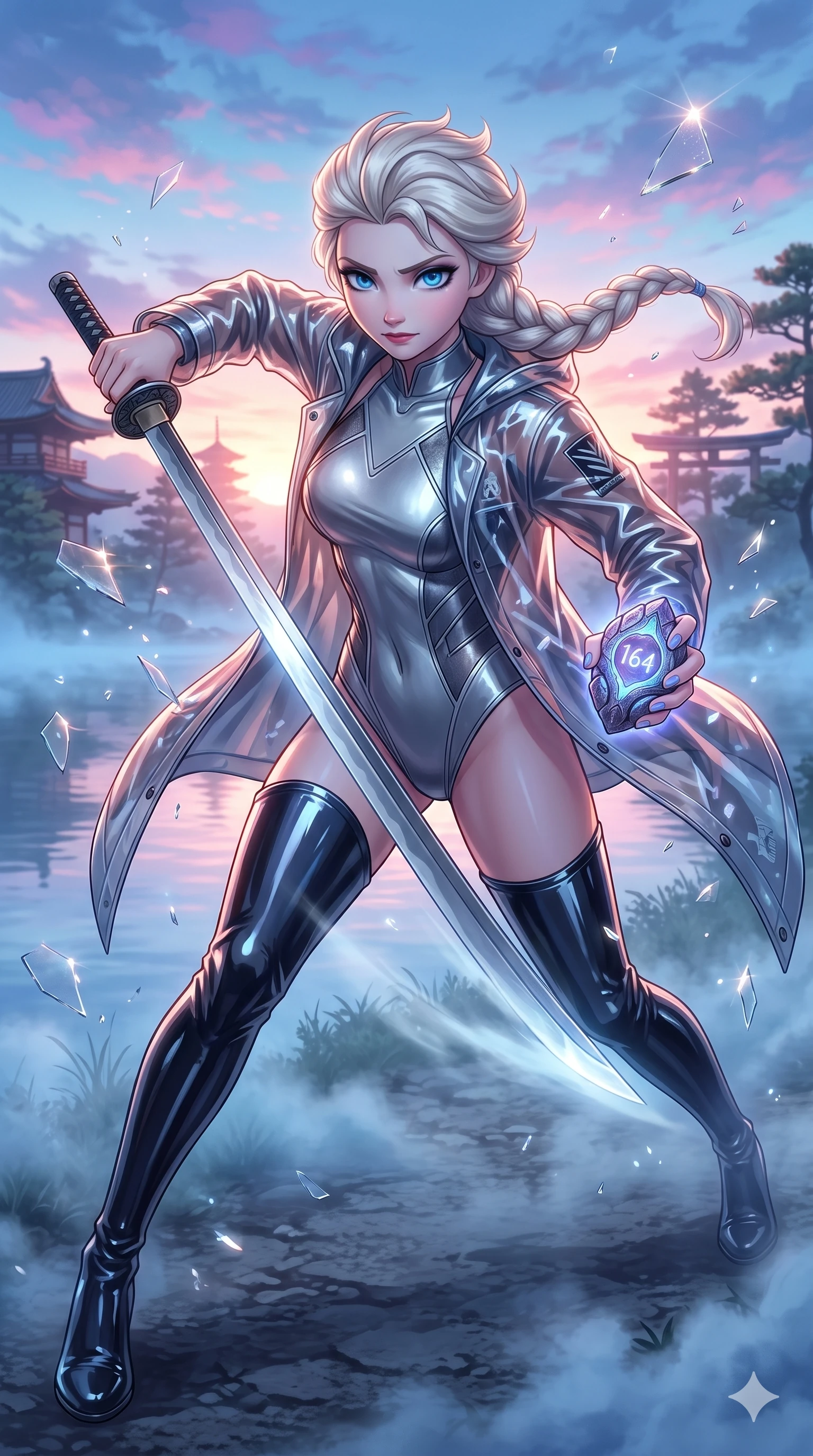 score_9, masterpiece, best quality, ultra-detailed, Set A: High-budget Anime Keyframe, Japanese woman. Low angle cowboy shot filling the entire 9:16 frame with her statuesque presence. Drawing a blade through a misty lakeside at dawn, holding a relic that pulses with the frequency 164 and surrounded by shattered glass fragments. She has an well-proportioned figure, an tall and elegant figure with elegant legs and an graceful posture. Sharp v-shaped jawline, high-bridge nose, intricate jewel-like eyes with depth, thick eyelashes, glossy lips with a natural sheen. Wearing Glossy material raincoat over a metallic swimwear and thigh-high patent boots. Cinematic lighting, vibrant colors, dramatic shadows, 2k, ultra detail, master piece, 9:16 ratio