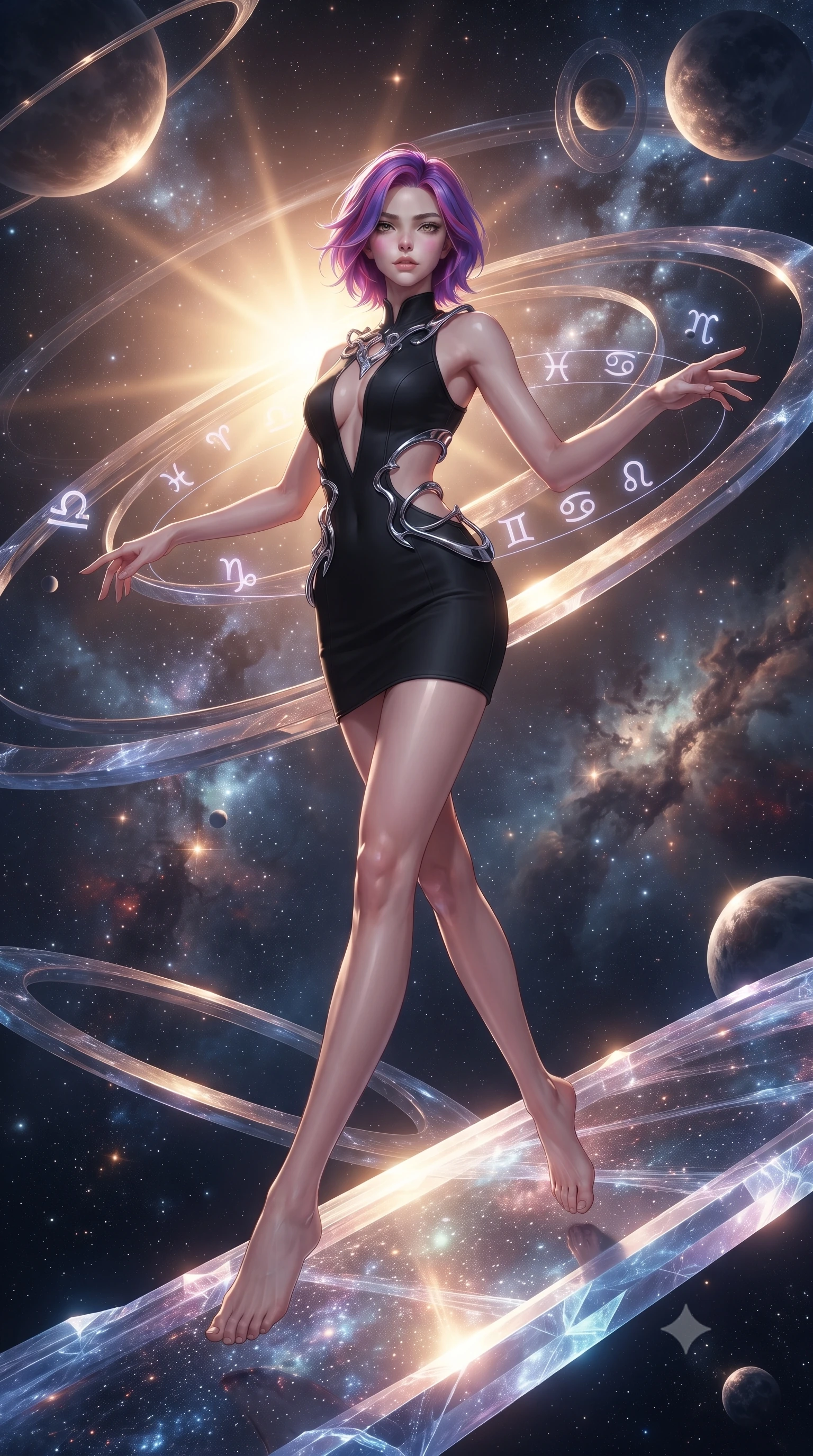score_9, masterpiece, best quality, ultra-detailed, high-budget anime keyframe, editorial fashion photography, tasteful artistic composition, Caucasian woman. low angle full-body shot from head to toe showing her feet, filling the entire 9:16 vertical frame with her statuesque presence, stretching her vertical silhouette. leaping gracefully through the environment with statuesque elegance and long slender legs stepping along a crystalline cosmic bridge in deep space, translucent zodiac glyphs orbiting around her delicate hands. She has an absolutely perfect, statuesque 8.5-heads proportion, an exceptionally tall and slender model-like female figure with impossibly long slender legs and an ultra-slim waist. sharp v-shaped jawline, high-bridge nose, intricate jewel-like eyes with depth, thick eyelashes, glossy lips with a natural sheen. wearing a dramatic open-waist cutout mini dress in matte black framed by sculptural chrome hardware, the form-contouring material highlighting her ultra-slim waist and long lines. bathed in warm sunbursts filtering through floating orbital rings. ultra-reflective glossy finish, specular highlights, metallic sheen, high-contrast stereoscopic depth, volumetric dynamic lighting, 2k, ultra detail, master piece, 9:16 ratio