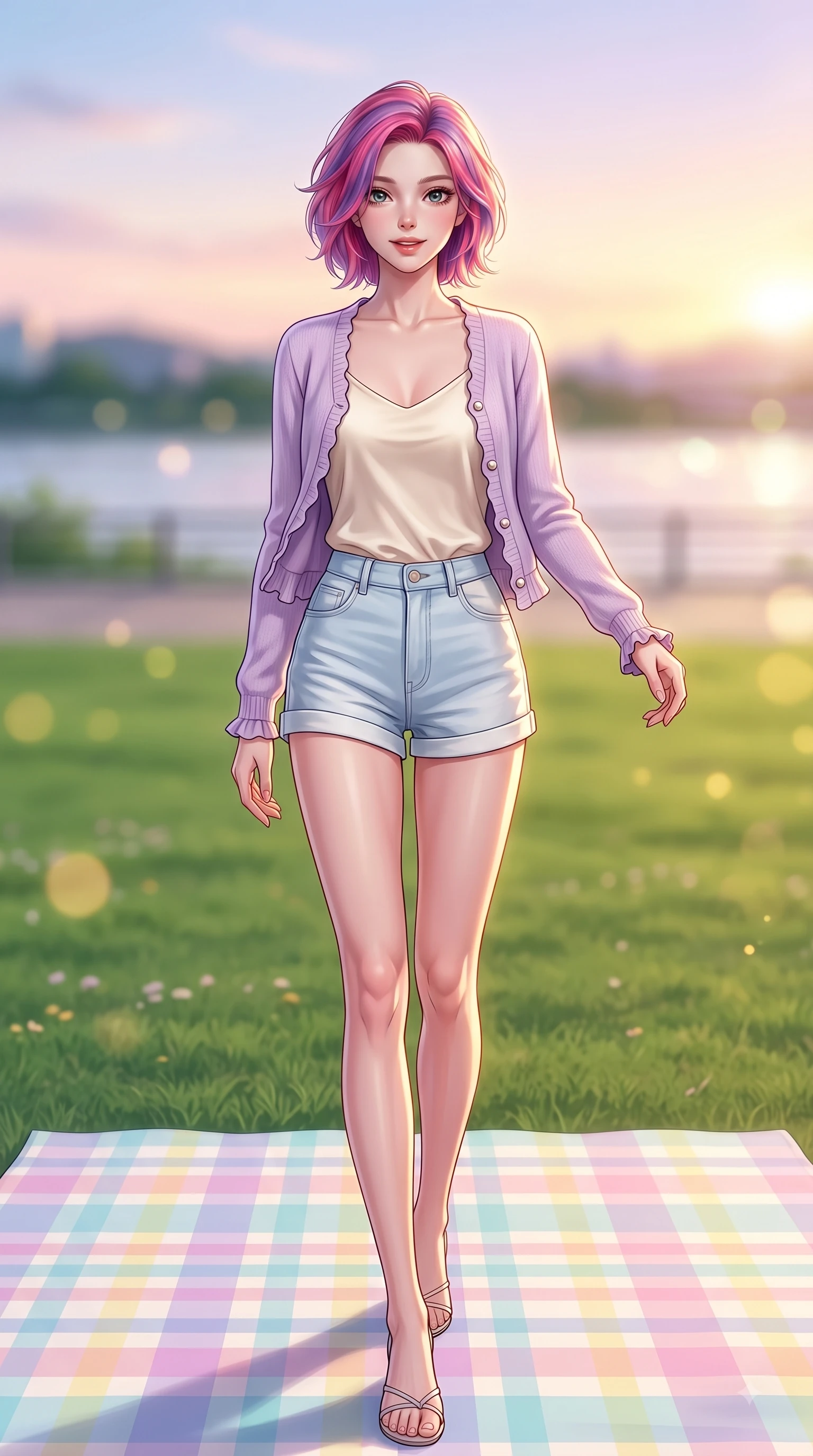 score_9, masterpiece, best quality, ultra-detailed, high-budget anime keyframe, editorial fashion photography, tasteful artistic composition, Caucasian woman. low angle full-body shot from head to toe showing her feet, filling the entire 9:16 vertical frame with her statuesque presence, stretching her vertical silhouette. stepping forward gracefully in mid-motion with a delighted cute expression, displaying her statuesque model proportions while sitting gracefully on a pastel checkered picnic mat on a green riverfront lawn during golden hour. The composition keeps background elements in soft focus with dreamy bokeh. green park lawns and soft sunset sky gradients blurred smoothly behind her radiant figure. She has an absolutely perfect, statuesque 8.5-heads proportion, an exceptionally tall and slender model-like female figure with impossibly long slender legs and an ultra-slim waist. sharp v-shaped jawline, high-bridge nose, intricate jewel-like eyes with depth, thick eyelashes, glossy lips with a natural sheen, flawlessly proportioned anatomical accuracy, natural body alignment, perfectly sculpted elegant limbs, clean dynamic posture without body distortion. wearing a soft lavender knit cardigan worn over a simple cream silk camisole and light-wash denim shorts in baby blue and cloud white, crafted from smooth fluid silk satin, finished with subtle ruffle trims and delicate pearl buttons, the soft airy drape swaying gracefully with her dynamic movements. illuminated by soft glowing sunset reflections with cheerful golden rim lights. highly saturated vibrant anime colors, detailed shading with soft gradients, rich glossy textures, high-contrast stereoscopic depth, volumetric dynamic lighting, master piece, 9:16 ratio