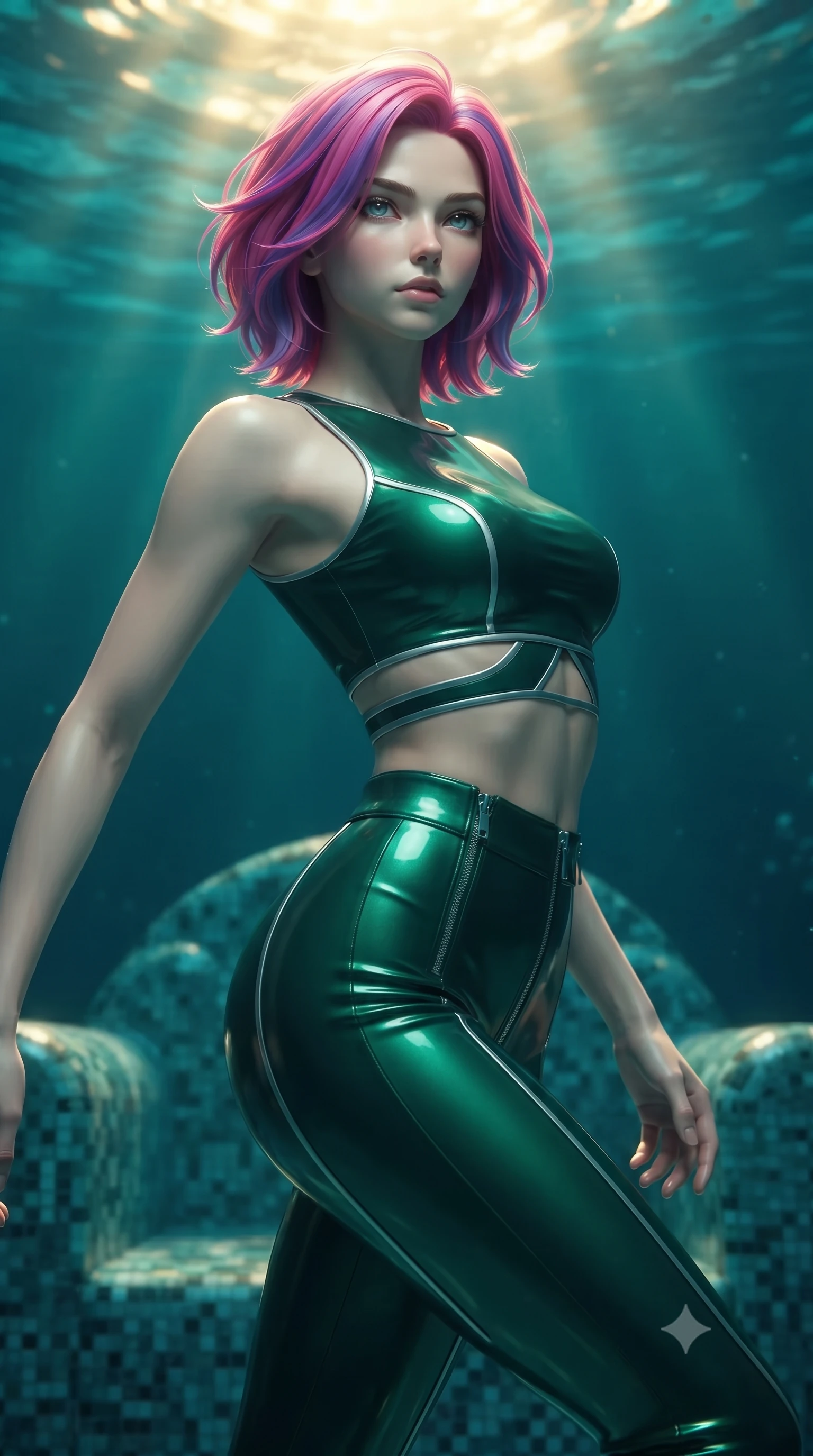 score_9, masterpiece, best quality, ultra-detailed, high-budget anime keyframe, editorial fashion photography, tasteful artistic composition, Caucasian woman. close-up cowboy shot from the waist and thighs up, the character dominates the composition, filling the frame with her large presence, background elements kept in soft focus. Gazing past the lens with composed intensity as her torso curves dynamically in mid-motion while pivoting her torso in a fluid S-curve alignment over a submerged mosaic marble throne, intense golden underwater sunbeams Penetrating deep turquoise water in caustic ripples. She has an exceptionally elegant, slender, and willowy female figure with an ultra-slim waist, a gracefully sculpted slender torso, and a refined silhouette. sharp v-shaped jawline, high-bridge nose, intricate jewel-like eyes with depth, thick eyelashes, glossy lips with a natural sheen, flawlessly proportioned anatomical accuracy, natural body alignment, perfectly sculpted elegant limbs, clean dynamic posture without body distortion. wearing a glossy vinyl crop top and high-waist tailored leggings with sleek zippers in deep emerald green and silver accent, formed from sleek second-skin neoprene, featuring subtle geometric cutouts that highlight her ultra-slim midriff, the sleek second-skin texture accentuating her magnetic presence. illuminated by deep sea bioluminescence and warm golden top lighting. ultra-reflective glossy finish, specular highlights, metallic sheen, high-contrast stereoscopic depth, volumetric dynamic lighting, 2k, ultra detail, master piece, 9:16 ratio
