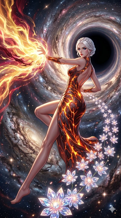 score_9, masterpiece, best quality, ultra-detailed, Set A: High-budget Anime Keyframe, Korean woman. Low angle cowboy shot filling the entire 9:16 frame with her statuesque presence. Theme: Historical Remix. unleashing a massive energy wave in the ed