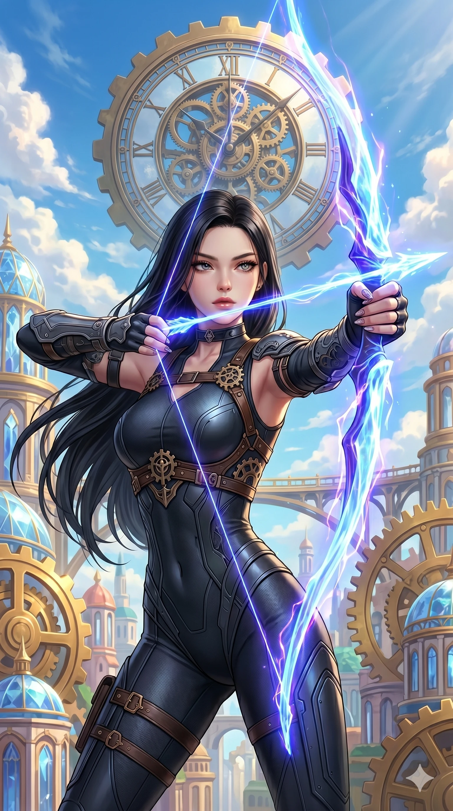 score_9, masterpiece, best quality, ultra-detailed, Set A: Photorealistic 8k CG, Japanese woman. Upper body close-up from the thighs up, character filling the screen for maximum presence. Drawing a bow made of pure energy aimed at a giant clockwork mechanism in the vibrant blue sky. She has an absolutely perfect 8-heads proportion, an exceptionally tall and slender female figure with an slender waist and focused expression. Sharp v-shaped jawline, high-bridge nose, intricate jewel-like eyes with depth, thick eyelashes, glossy lips. Wearing a K-Idol Stage outfit: sleek bodysuit with a decorative harness and detached sleeves. Background is a bright and colorful steampunk city with golden gears and white clouds. 2k, ultra detail, master piece, 9:16 ratio