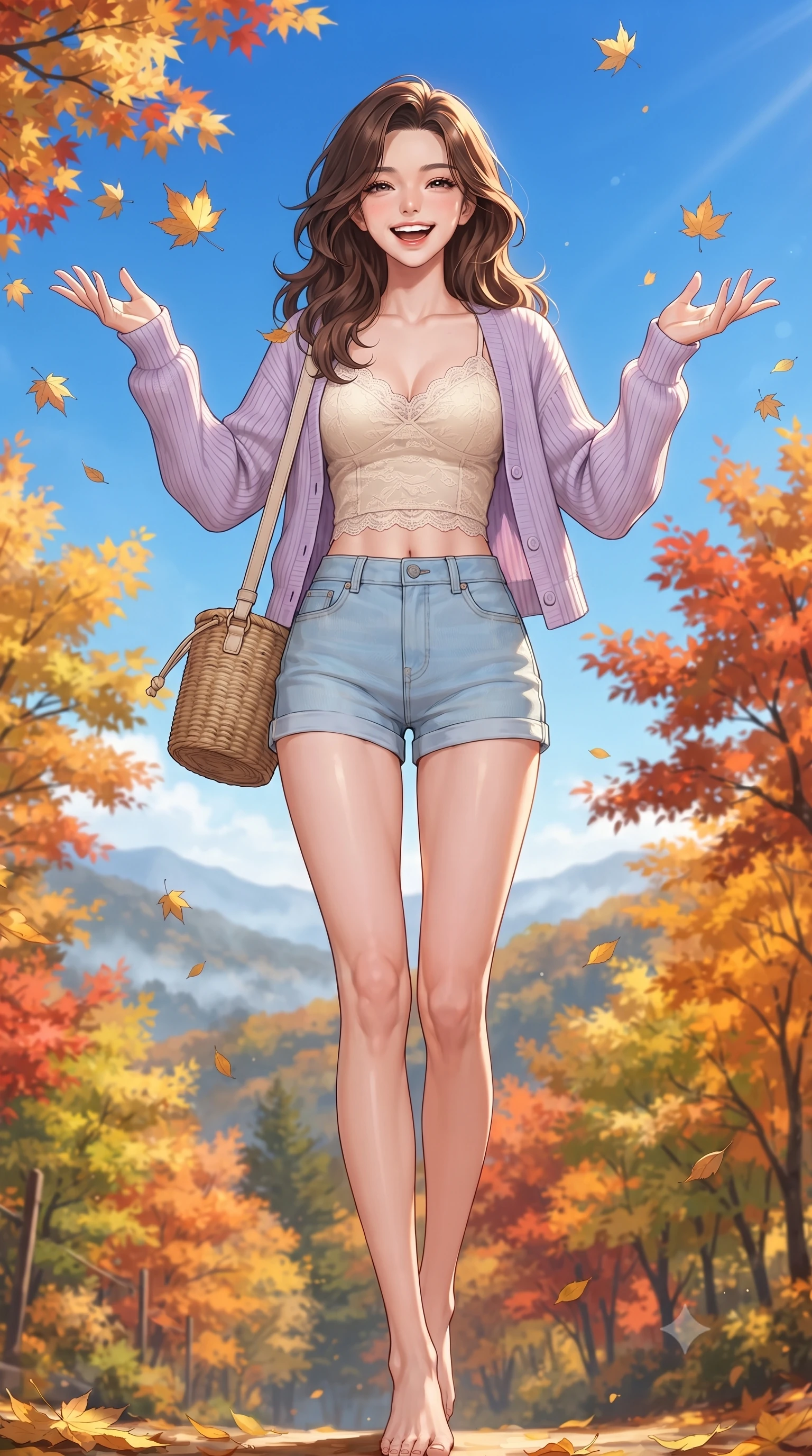 score_9, masterpiece, best quality, ultra-detailed, high-budget anime keyframe, editorial fashion photography, tasteful artistic composition, Korean woman. low angle full-body shot from head to toe showing her feet, filling the entire 9:16 vertical frame with her statuesque presence, stretching her vertical silhouette. walking forward in a cheerful, dynamic stride with a radiant beaming smile, her statuesque silhouette filling the frame while tossing a handful of golden maple leaves into the crisp autumn air with a bright, childlike laugh. The surrounding environment is rendered in vivid detail and crisp panoramic clarity. vibrant autumn forest gradients, distant misty mountain ridges, and clear blue autumn skies in high clarity. She has an absolutely perfect, statuesque 8.5-heads proportion, an exceptionally tall and slender model-like female figure with impossibly long slender legs, a toned flat midriff, and an ultra-slim waist. sharp v-shaped jawline, high-bridge nose, intricate jewel-like eyes with depth, thick eyelashes, glossy lips with a natural sheen, pure and lovely fresh girlhood expression, flawlessly proportioned anatomical accuracy, strict slender model proportions, natural body alignment, perfectly sculpted long slender limbs, ultra-slim waistline, clean dynamic posture without body distortion. wearing a soft pastel ribbed knit cardigan worn over a delicate cream lace camisole and light-wash denim shorts in soft pastel lavender and delicate sky blue, made of comfortable premium stretch denim and airy cotton-jersey, accessorized with a rustic woven wicker bag and canvas strap, the chic real-way fashion cut emphasizing her effortless charm, flat midriff, and slender model proportions. illuminated by crisp directional sunbeams accentuating her slender waistline and cozy layered outfit. ultra-reflective glossy finish, specular highlights, rich natural textures, high-contrast stereoscopic depth, volumetric dynamic lighting, 2k, ultra detail, master piece, 9:16 ratio