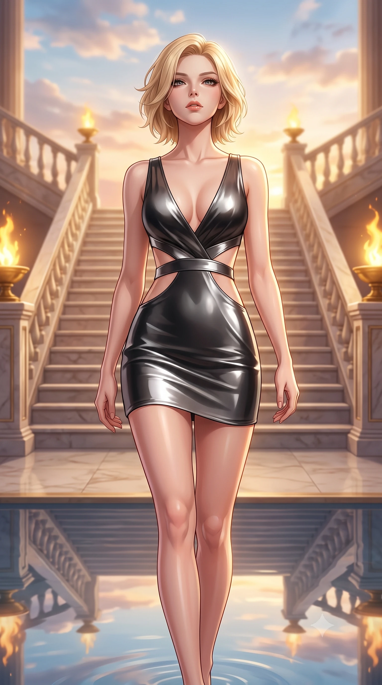 score_9, masterpiece, best quality, ultra-detailed, high-budget anime keyframe, editorial fashion photography, tasteful artistic composition, Caucasian woman. close-up cowboy shot from the waist and thighs up, the character dominates the composition, filling the frame with her large presence, background elements kept in soft focus. Tilting her chin up with an air of effortless superiority while balancing dynamically amidst the scene while descending a grand marble staircase flanked by golden torch flames at sunset, still pool waters mirroring her slender silhouette and the open cloudscape. She has an exceptionally elegant, slender, and willowy female figure with an ultra-slim waist, a gracefully sculpted slender torso, and a refined silhouette. sharp v-shaped jawline, high-bridge nose, intricate jewel-like eyes with depth, thick eyelashes, glossy lips with a natural sheen, flawlessly proportioned anatomical accuracy, natural body alignment, perfectly sculpted elegant limbs, clean dynamic posture without body distortion. wearing a liquid mercury gloss mini dress with ultra-deep V-neck and waist cutouts in matte black and polished silver, woven from fine semi-opaque sheer organza, featuring subtle geometric cutouts that highlight her ultra-slim midriff, the tailored fabric tightly following every curve of her athletic build. surrounded by a bright, luxurious aura of warm sunshine and sky reflections. highly saturated vibrant anime colors, detailed shading with soft gradients, rich glossy textures, high-contrast stereoscopic depth, volumetric dynamic lighting, master piece, 9:16 ratio