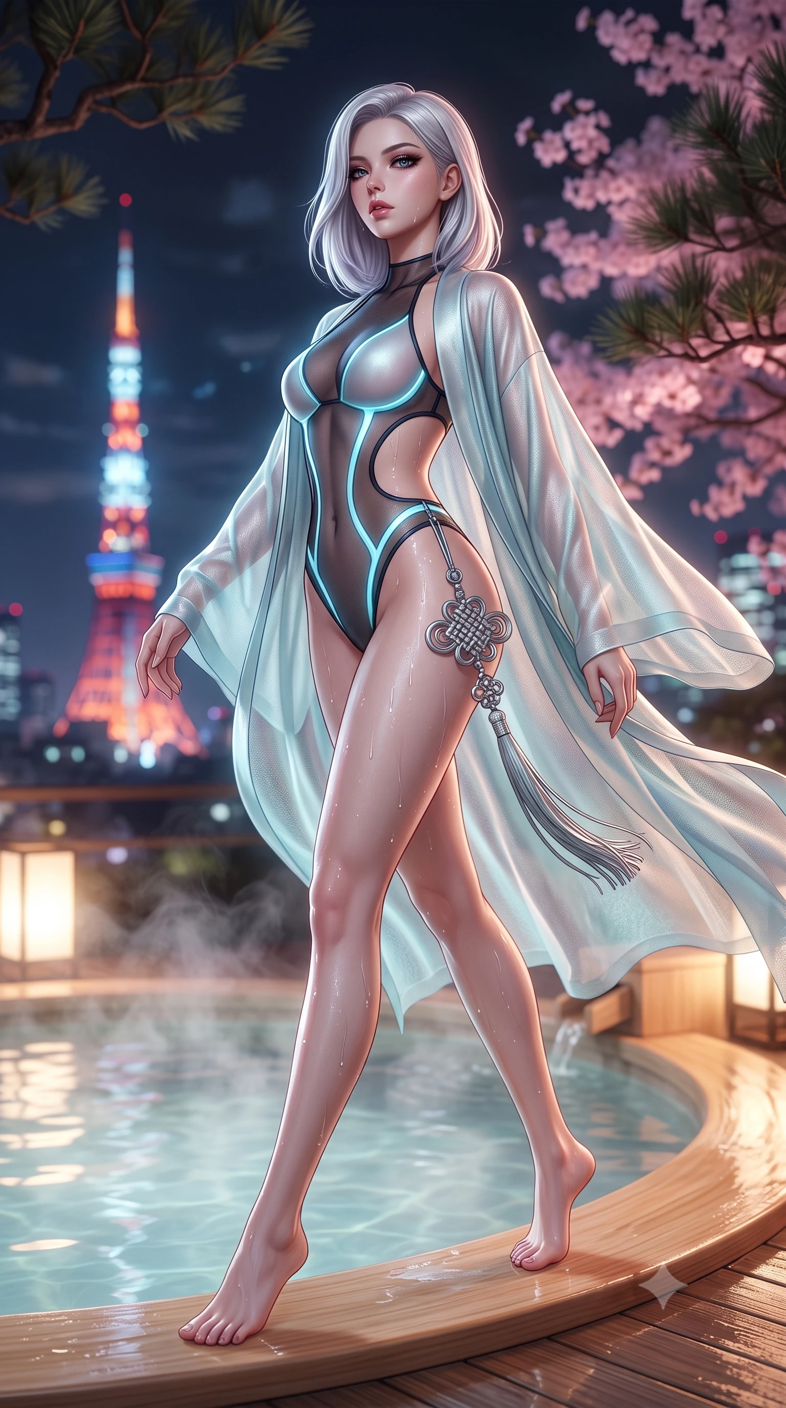 score_9, masterpiece, best quality, ultra-detailed, high-budget anime keyframe, semi-realistic 3D game render, editorial fashion photography, tasteful artistic composition, Caucasian woman. low angle full-body shot from head to toe showing her feet, filling the entire 9:16 vertical frame with her statuesque presence, stretching her vertical silhouette. striding forward in a proud supermodel runway stride, hips swaying in an alluring kinetic rhythm that accentuates her curvy hourglass silhouette while perching on the smooth hinoki wood rim of a steaming outdoor onsen, water droplets beading on her hip as she glances back with parted lips. The composition keeps background elements in soft focus with creamy bokeh. distant Tokyo Tower neon lights and dark pine branches softened in dreamy nocturnal shallow focus. She has an absolutely perfect, statuesque 8.5-heads proportion, an exceptionally tall and slender model-like female figure with impossibly long slender legs, a toned flat midriff, an ultra-slim waist, and beautifully sculpted feminine hips. sharp v-shaped jawline, high-bridge nose, intricate jewel-like eyes with depth, thick eyelashes, glossy parted lips with a natural sheen, intensely captivating and seductive bedroom-eyes expression, flawlessly proportioned anatomical accuracy, strict slender model proportions, natural body alignment, perfectly sculpted long slender limbs, ultra-slim waistline, clean dynamic posture without body distortion. wearing an ethereal moonlit gossamer silk robe worn open over a form-fitting pearlescent monokini in dark ink-wash black and radiant moonlight cyan, made of sheer contouring power-mesh panels with anatomical curve lines, accented with a glowing metallic norigae knot charm resting against her hip, the precision-cut side openings and low-back scoop framing her graceful spine and the sensual sweep of her hips. bathed in soft pink cherry blossom ambient glow and warm underwater mineral pool lights. highly saturated vibrant anime colors, detailed shading with soft gradients, rich glossy textures, high-contrast stereoscopic depth, volumetric dynamic lighting, master piece, 9:16 ratio