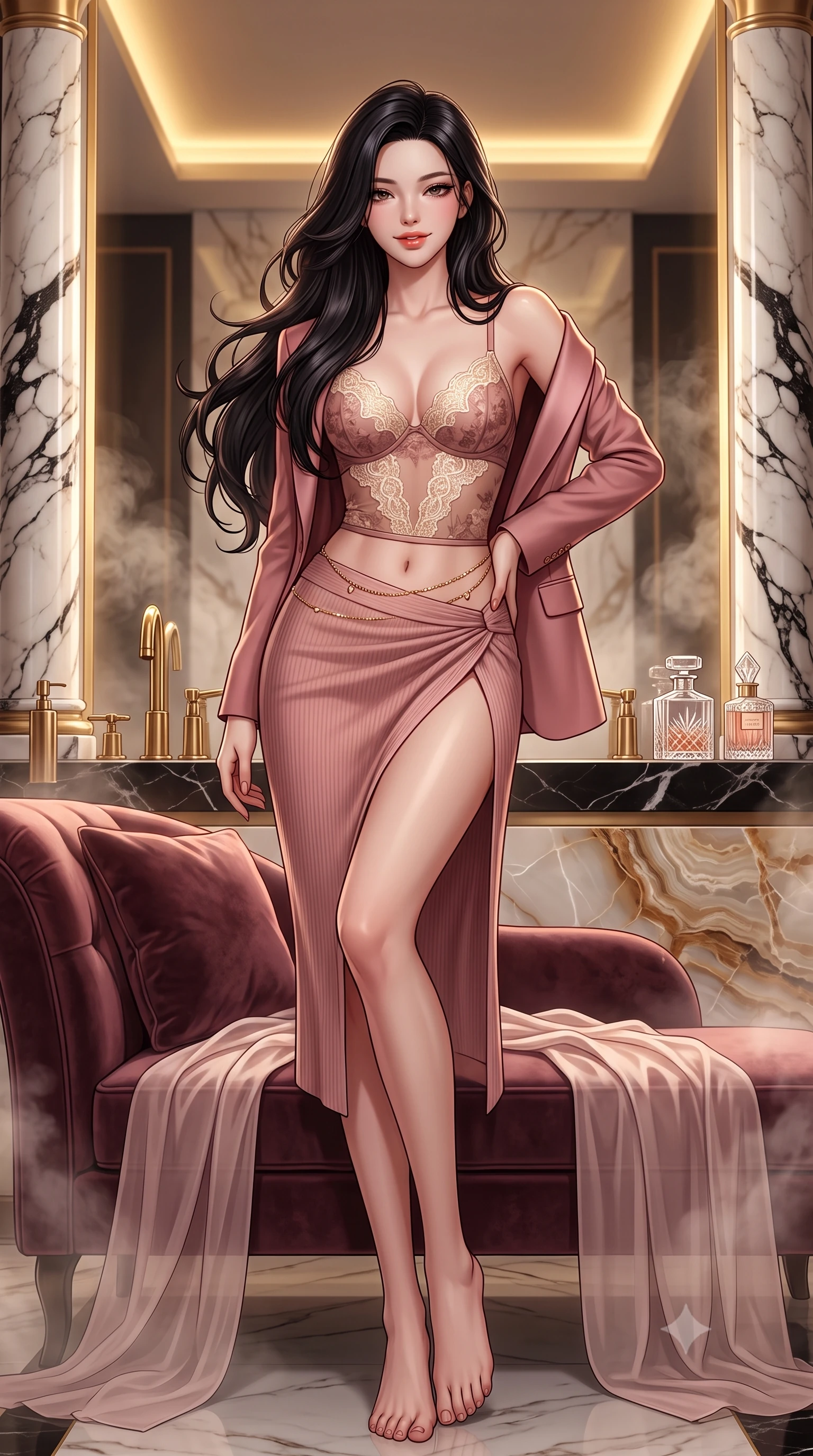 score_9, masterpiece, best quality, ultra-detailed, high-budget anime keyframe, semi-realistic 3D game render, editorial fashion photography, tasteful artistic composition, Korean woman. low angle full-body shot from head to toe showing her feet, filling the entire 9:16 vertical frame with her statuesque presence, stretching her vertical silhouette. reclining gracefully across the plush velvet chaise lounge with one leg extended, her sculpted silhouette and flat midriff radiating magnetic nocturnal glamour while standing poised between twin marble columns with hips cocked back, a sheer silk robe slipping off bare shoulders as warm steam drifts through the suite. The surrounding environment is rendered in vivid detail and crisp panoramic clarity: sharp black onyx stone veining, polished brass faucet fixtures, and cut-crystal perfume bottle clarity in deep focus. She has an absolutely perfect, statuesque 8.5-heads proportion, an exceptionally tall and slender model-like female figure with impossibly long slender legs, an ultra-slim waist, a flat toned midriff, narrow delicate ribcage, and beautifully sculpted feminine hips creating a graceful, slim hourglass silhouette without any bulky heaviness. sharp v-shaped jawline, high-bridge nose, sparkling eyes with hypnotic seductive depth, thick curled eyelashes, glossy parted lips with a natural dewy peach sheen, alluring bedroom-eyes with an enchanting coquettish smile, exuding magnetic siren charisma and sophisticated high-fashion glamour, flawlessly proportioned anatomical accuracy, strict slender model proportions, natural body alignment, perfectly sculpted long slender limbs, ultra-slim waistline, clean dynamic posture without body distortion. wearing a delicate sheer floral lace teddy layered under an open tailored tuxedo blazer draped over bare shoulders in dusky blush pink and warm ivory lace, tailored from fine ribbed modal knit with gentle elastic contouring and soft hand-feel, accented with a dainty gold belly chain resting across her flat midriff and curving hips, the high-slit wrap tailoring accentuating her ultra-slim waistline and the enchanting curve of her feminine hips with alluring seductive charm. bathed in warm 2700K Hollywood-style perimeter mirror lighting and ambient gold cove glow. highly saturated vibrant anime colors, detailed shading with soft gradients, rich glossy textures, high-contrast stereoscopic depth, volumetric dynamic lighting, master piece, 9:16 ratio
