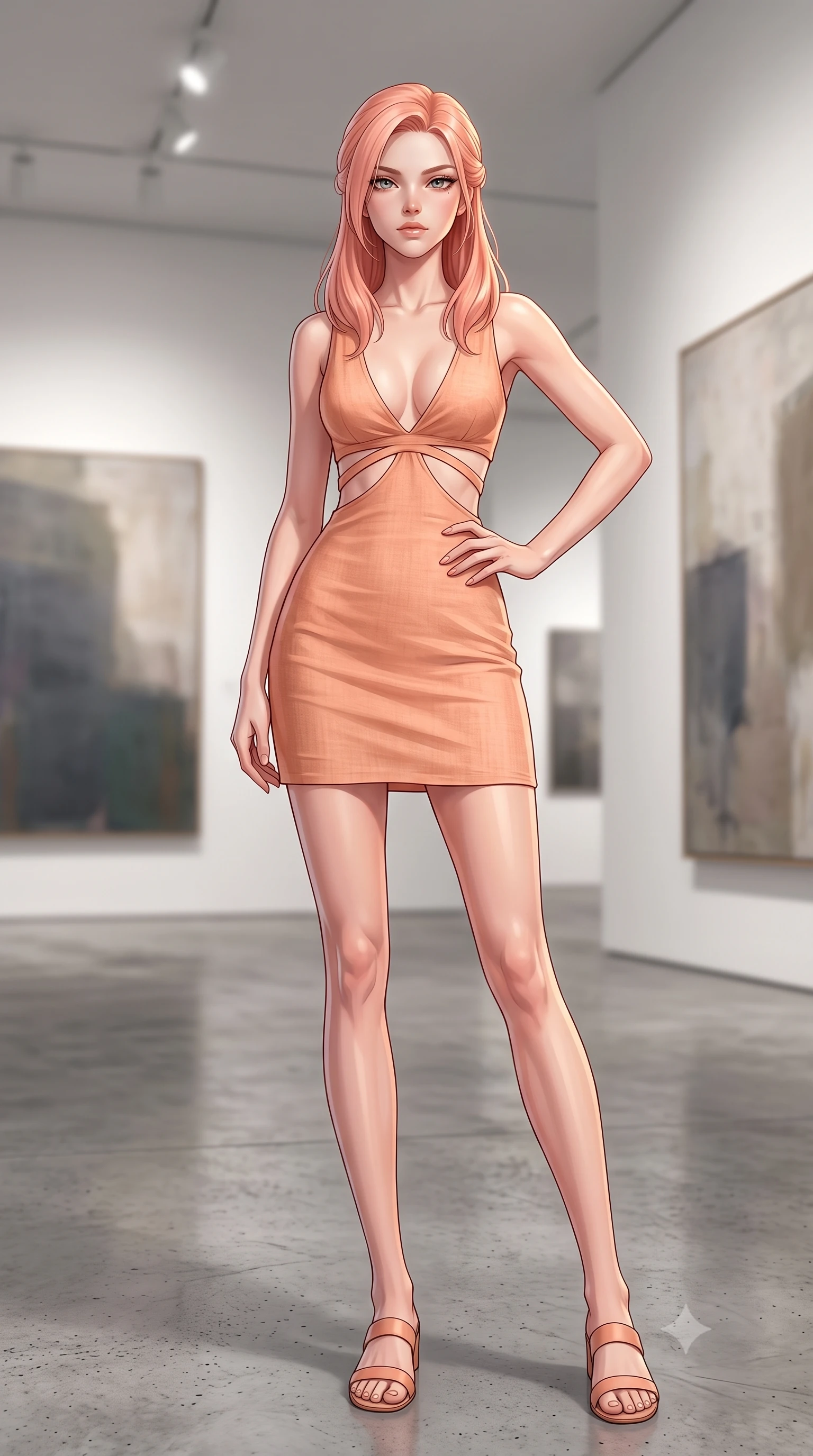 score_9, masterpiece, best quality, ultra-detailed, high-budget anime keyframe, editorial fashion photography, tasteful artistic composition, Japanese woman woman. low angle full-body shot from head to toe showing her feet, filling the entire 9:16 vertical frame with her statuesque presence, stretching her vertical silhouette. posing confidently with one hand on her hip, stretching her statuesque body to emphasize her curves the background shows a soft-focus a minimalist gallery hall with polished concrete floors and large abstract paintings in soft focus. She has an absolutely perfect, statuesque 8.5-heads proportion, an exceptionally tall and slender model-like female figure with impossibly long slender legs and an ultra-slim waist. sharp v-shaped jawline, high-bridge nose, intricate jewel-like eyes with depth, thick eyelashes, glossy lips with a natural sheen. wearing a body-hugging summer sundress with double waist cutouts and a plunging neckline in peach linen. clean white gallery spotlights contrasting with soft ambient shadow. 2k, ultra detail, master piece, 9:16 ratio