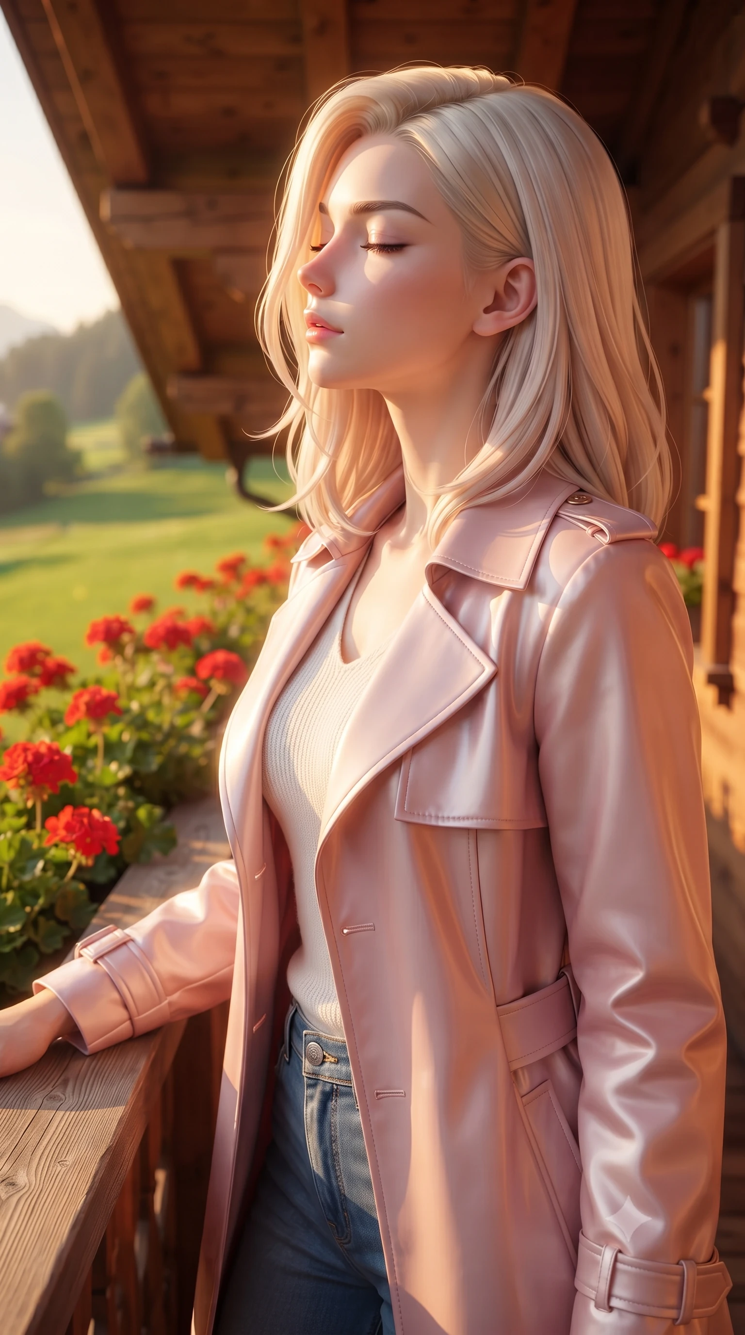 score_9, masterpiece, best quality, ultra-detailed, high-budget anime keyframe, editorial fashion photography, tasteful artistic composition, Caucasian woman woman. close-up cowboy shot from the waist and thighs up, the character dominates the composition, filling the frame with her large presence, background elements kept in soft focus. turning her face in profile to catch the warm sunlight on her cheek, eyes softly closed the background shows a soft-focus a wooden balcony of a Swiss chalet decorated with red geraniums, looking at green meadows. She has an exceptionally elegant, slender, and willowy female figure with an ultra-slim waist, a gracefully sculpted slender torso, and a refined silhouette. sharp v-shaped jawline, high-bridge nose, intricate jewel-like eyes with depth, thick eyelashes, glossy lips with a natural sheen. wearing a form-contouring lightweight light pink trench coat over a white knit top and blue jeans. warm afternoon sunbeams coloring the wooden beams and flowers in vivid tones. ultra-reflective glossy finish, specular highlights, metallic sheen, high-contrast stereoscopic depth, volumetric dynamic lighting, 2k, ultra detail, master piece, 9:16 ratio