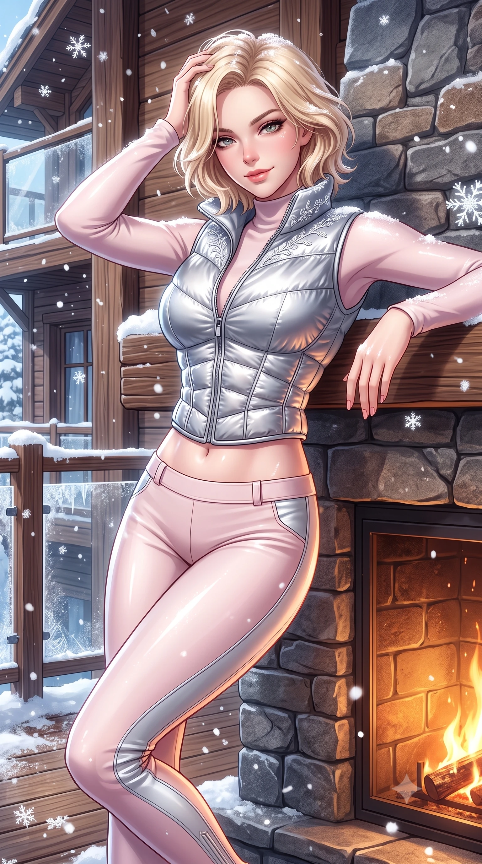 score_9, masterpiece, best quality, ultra-detailed, high-budget anime keyframe, semi-realistic 3D game render, editorial fashion photography, tasteful artistic composition, Caucasian woman. close-up cowboy shot from the waist and thighs up, the character dominates the composition, filling the frame with her large presence. leaning back with relaxed seductive grace, her sculpted collarbones highlighted by light, casting smoldering bedroom-eyes directly into the lens while leaning back against the heated stone fireplace mantel on the chalet deck, pushing snow-dusted hair back with a sultry smile. The surrounding environment is rendered in vivid detail and crisp panoramic clarity. sharp ice crystal textures on glass balustrades, timber wood grain, and falling snowflake geometry in deep focus. She has an exceptionally elegant, slender, and willowy female figure with an ultra-slim waist, a gracefully sculpted slender torso, toned flat midriff, and a refined slim silhouette. sharp v-shaped jawline, high-bridge nose, intricate jewel-like eyes with depth, thick eyelashes, glossy parted lips with a natural sheen, intensely captivating and seductive expression, flawlessly proportioned anatomical accuracy, strict slender model proportions, natural body alignment, perfectly sculpted long slender limbs, ultra-slim waistline, clean dynamic posture without body distortion. wearing a metallic silver quilted corset puffer vest worn over a snug thermal mock-neck top and sleek ski stirrup pants in pale blush pink and frosted silver accents, crafted from metallic silver ripstop nylon with plush goose-down quilting, finished with delicate crystal frost embroidery tracing the collarbones, the form-contouring material adhering flawlessly to her sculpted flat midriff and slender torso, emphasizing her long leg lines and perfectly proportioned willowy build. illuminated by bright specular snow reflections tracing her sculpted collarbones, waist, and long limbs. highly saturated vibrant anime colors, detailed shading with soft gradients, rich glossy textures, high-contrast stereoscopic depth, volumetric dynamic lighting, master piece, 9:16 ratio