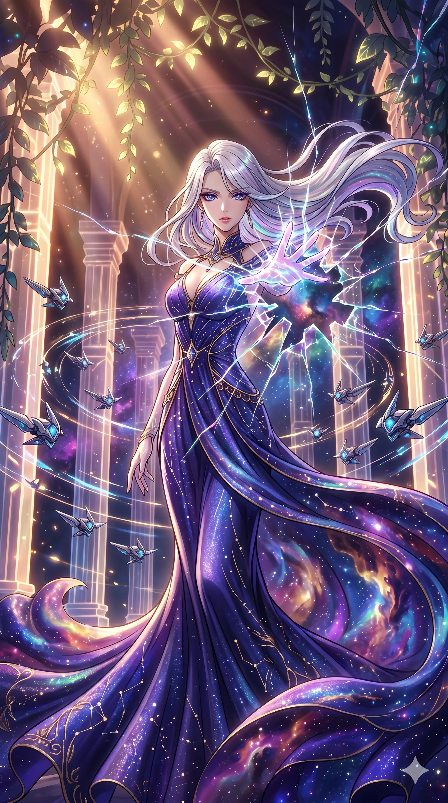 score_9, masterpiece, best quality, ultra-detailed, Set A: High-budget Anime Keyframe, Caucasian (human ears) woman. Upper body close-up from the thighs up, character filling the screen for maximum presence. Theme: Abstract Cosmic. shattering the fabric of reality in a temple made of solid light, surrounded by 49 hovering guardian drones. The atmosphere is filled with cinematic sunlight through leaves. She has an absolutely perfect 8-heads proportion, an exceptionally tall and slender female figure with impossibly long slender legs and an ultra-slim waist. Sharp v-shaped jawline, high-bridge nose, intricate jewel-like eyes with depth, glossy lips. Wearing Ethereal star-gazer gown with a massive flowing train that looks like a nebula. Cinematic lighting, vivid colors, dramatic shadows, 2k, ultra detail, master piece, 9:16 ratio