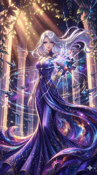 score_9, masterpiece, best quality, ultra-detailed, Set A: High-budget Anime Keyframe, Caucasian (human ears) woman. Upper body close-up from the thighs up, character filling the screen for maximum presence. Theme: Abstract Cosmic. shattering the fab