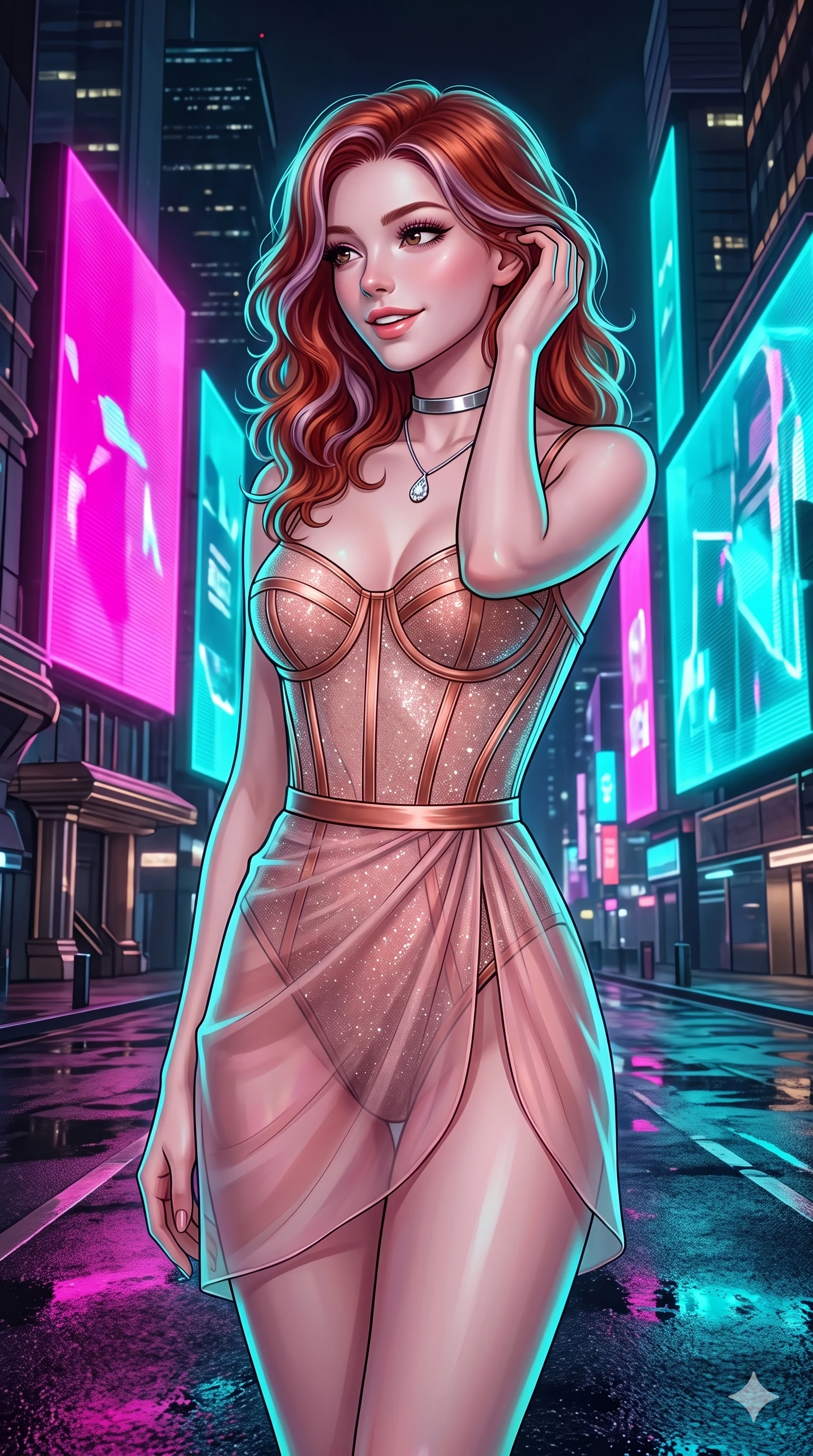 score_9, masterpiece, best quality, ultra-detailed, high-budget anime keyframe, editorial fashion photography, tasteful artistic composition, Caucasian woman. close-up cowboy shot from the waist and thighs up, the character dominates the composition, filling the frame with her large presence. gently brushing a lock of hair behind her ear while casting a playful, flirtatious side-gaze with long eyelashes while twisting her slender torso in an alluring contrapposto stance, towering magenta and cyan holographic billboards casting chromatic reflections across her narrow waist and hips. The surrounding environment is rendered in vivid detail and crisp panoramic clarity: detailed bespoke fashion tailoring, high-gloss patent leather sheen, and dense futuristic megalopolis architecture in razor-sharp precision. She has an exceptionally elegant, slender, and willowy female figure with an ultra-slim waist, flat toned midriff, narrow ribcage, and sculpted feminine hips creating an alluring, slim hourglass silhouette without bulk. sharp v-shaped jawline, high-bridge nose, intricate jewel-like sparkling eyes with depth, thick eyelashes, glossy parted lips with a natural peach sheen, bright cheerful beaming smile with an enchanting and coquettish sensual glint, exuding both youthful cute charm and seductive allure, flawlessly proportioned anatomical accuracy, strict slender model proportions, natural body alignment, perfectly sculpted long slender limbs, ultra-slim waistline, clean dynamic posture without body distortion. wearing a provocative translucent mesh corset bodice with boned satin channels paired with a sheer chiffon wrap skirt in rose-quartz blush and burnished copper, woven from stretch metallic lurex jersey casting radiant starlight glints across her curves, finished with a minimalist chrome choker and a single teardrop diamond pendant, the bespoke structured tailoring following the natural line of her 8.5-heads silhouette with refined elegance. illuminated by wet asphalt reflection bounce and sharp laser-cyan rim lights sculpting her razor-sharp jawline, narrow waist, and curvy hips. ultra-reflective glossy finish, specular highlights, rich textural contrasts, high-contrast stereoscopic depth, volumetric dynamic lighting, 2k, ultra detail, master piece, 9:16 ratio
