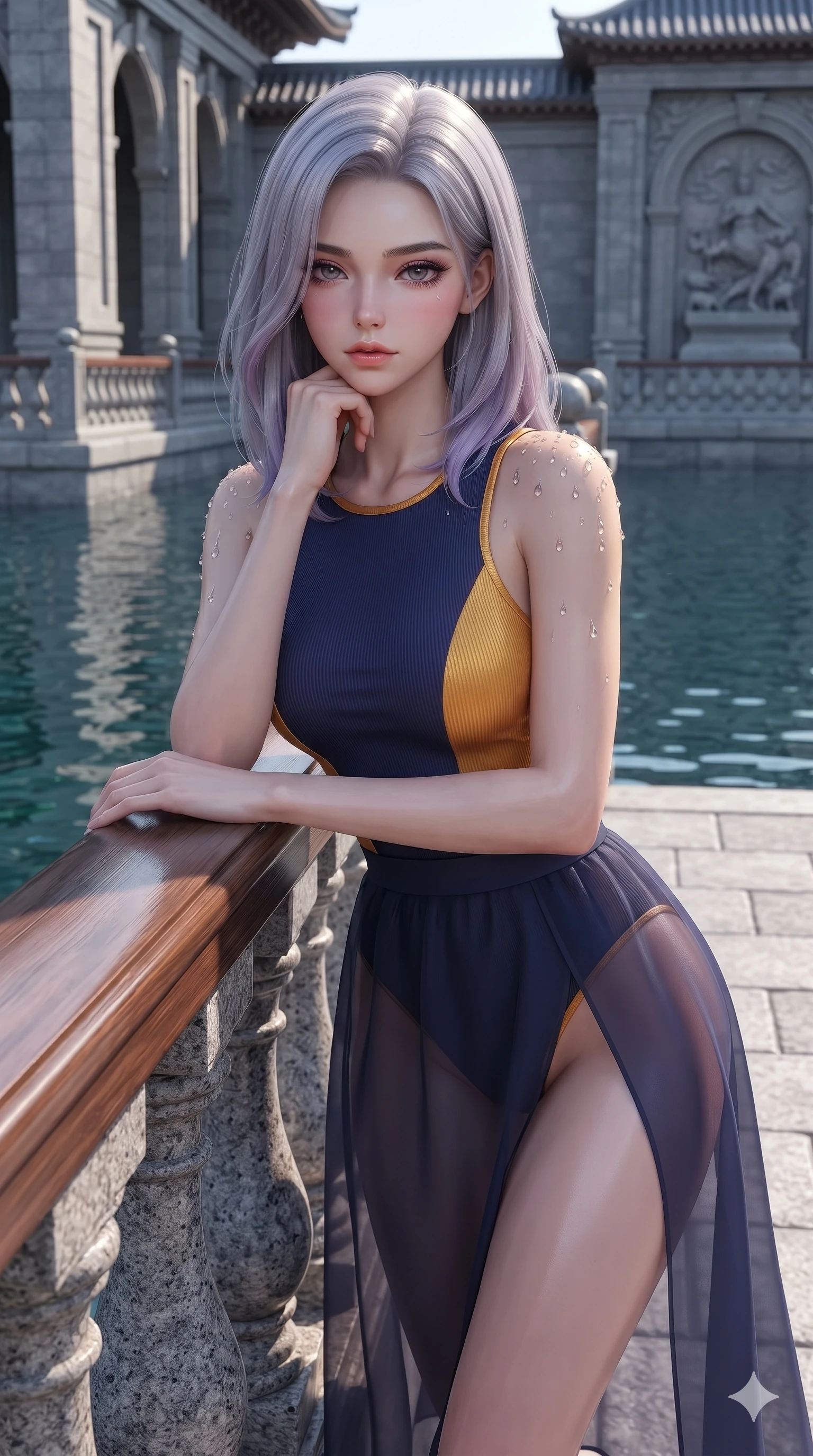 score_9, masterpiece, best quality, ultra-detailed, high-budget anime keyframe, editorial fashion photography, tasteful artistic composition, Caucasian woman. close-up cowboy shot from the waist and thighs up, the character dominates the composition, filling the frame with her large presence. resting one elbow on the lacquered balustrade and supporting her chin, leaning close to the camera with heavy-lidded sparkling eyes and parted lips while walking slowly along the palace moat balustrade with feline poise, her long slender legs and curvy hips commanding the frame. The surrounding environment is rendered in vivid detail and crisp panoramic clarity: sharp dressed stone pier masonry, carved granite arch relief work, and water surface ripple clarity in deep focus. She has an exceptionally elegant, slender, and willowy female figure with an ultra-slim waist, flat toned midriff, narrow ribcage, and sculpted feminine hips creating an alluring, slim hourglass silhouette without bulk. sharp v-shaped jawline, high-bridge nose, sparkling eyes with hypnotic seductive depth, thick curled eyelashes, glossy parted lips with a natural dewy peach sheen, alluring bedroom-eyes with an enchanting coquettish smile, exuding magnetic siren charisma and sophisticated glamour, flawlessly proportioned anatomical accuracy, strict slender model proportions, natural body alignment, perfectly sculpted long slender limbs, ultra-slim waistline, clean dynamic posture without body distortion. wearing a provocative sheer nobang organza wrap overskirt layered over a form-fitting silk leotard with bare hip flanks in midnight indigo and glowing lantern topaz, tailored from fine ribbed modal knit with gentle elastic contouring and soft hand-feel, finished with glistening drops of night dew beading across her sculpted shoulders and flat midriff, the high-slit wrap tailoring accentuating her ultra-slim waistline and the enchanting curve of her feminine hips with alluring seductive charm. illuminated by moat water reflection bounce and sharp gold-cyan rim lights sculpting her razor-sharp jawline, narrow waist, and curvy hips. ultra-reflective glossy finish, specular highlights, rich textural contrasts, high-contrast stereoscopic depth, volumetric dynamic lighting, 2k, ultra detail, master piece, 9:16 ratio