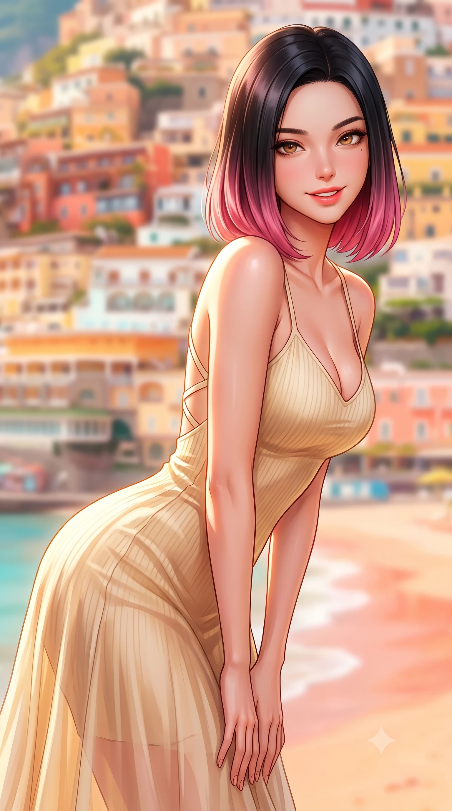 score_9, masterpiece, best quality, ultra-detailed, high-budget anime keyframe, semi-realistic 3D game render, editorial fashion photography, tasteful artistic composition, Korean woman. close-up cowboy shot from the waist and thighs up, the character dominates the composition, filling the frame with her large presence. leaning forward with playful sun-kissed grace while arching her lower back to accentuate her curvy hips, looking into the camera with a radiant teasing smile and alluring bedroom-eyes while twisting her slender torso in an alluring contrapposto stance, her bodycon knit resort dress tracing her narrow waist and curvy hips. The composition keeps background elements in soft focus with dreamy creamy bokeh. stacked pastel peach, terracotta, and lemon cliffside houses cascading to the beach blurred into pastel coral, honey, and turquoise bokeh. She has an exceptionally elegant, slender, and willowy female figure with an ultra-slim waist, flat toned midriff, narrow ribcage, and sculpted feminine hips creating an alluring, slim hourglass silhouette without bulk. sharp v-shaped jawline, high-bridge nose, sparkling amber-hazel eyes with depth, long lush eyelashes, glossy sun-kissed lips with a warm coral glaze, radiant teasing smile with sensual sunlit bedroom-eyes, exuding effortless old-money elegance and intoxicating sun-drenched allure, flawlessly proportioned anatomical accuracy, strict slender model proportions, natural body alignment, perfectly sculpted long slender limbs, ultra-slim waistline, clean dynamic posture without body distortion. wearing a second-skin stretch ribbed camisole dress in warm vanilla cream clinging to her athletic hips and flat midriff in warm champagne ivory and sun-kissed golden sand, woven from layered gossamer organza with weightless flutter, finished with criss-cross back satin straps highlighting her graceful shoulder blades, the high-waisted tailoring accentuating her ultra-slim waistline and the enchanting curve of her feminine hips with alluring sunlit charm. illuminated by sea-surface golden bounce and sharp amber rim lighting sculpting her sculpted collarbones, ultra-slim waist, and curvy hips. highly saturated vibrant anime colors, detailed shading with soft gradients, rich glossy textures, high-contrast stereoscopic depth, volumetric dynamic lighting, master piece, 9:16 ratio