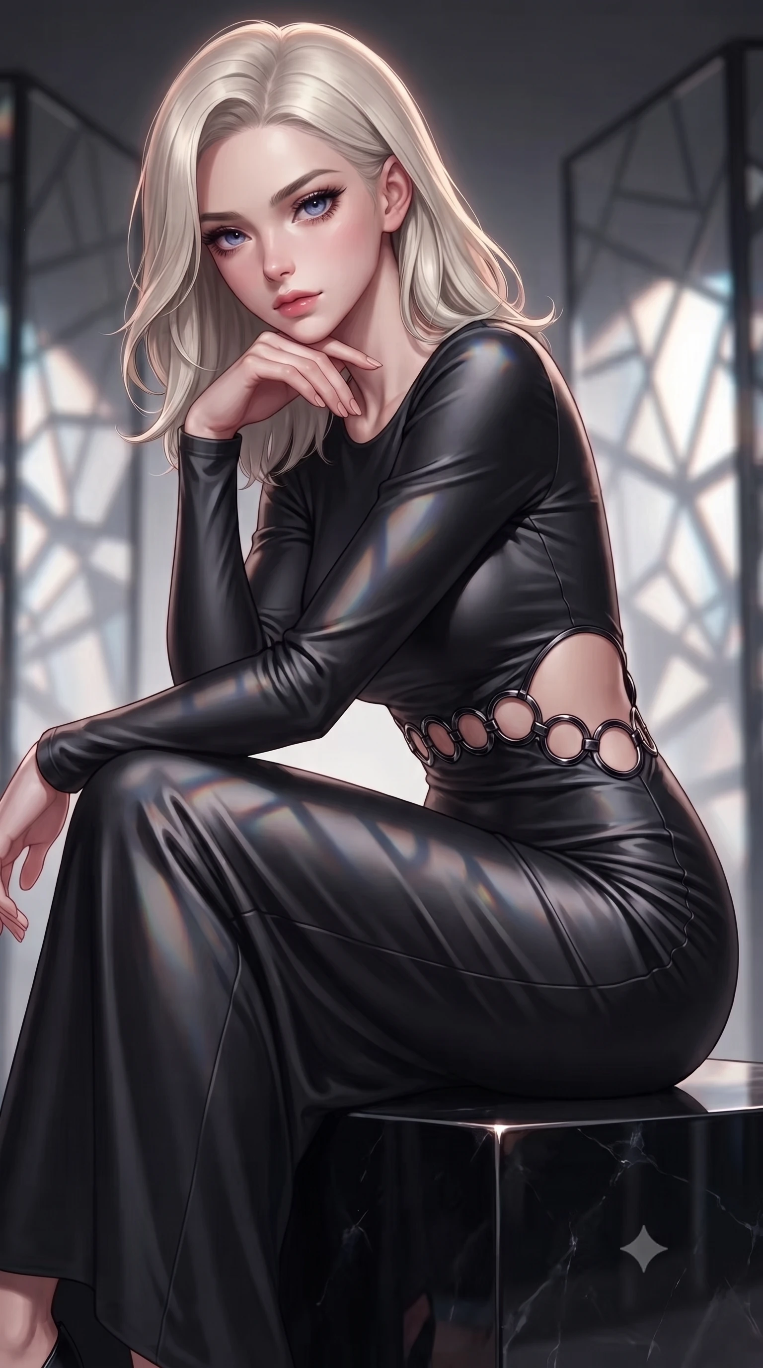 score_9, masterpiece, best quality, ultra-detailed, high-budget anime keyframe, editorial fashion photography, tasteful artistic composition, Caucasian woman. close-up cowboy shot from the waist and thighs up, the character dominates the composition, filling the frame with her large presence, background elements kept in soft focus. Resting her chin on the backs of her fingers with an air of effortless superiority, poised on a dark obsidian pedestal surrounded by rotating geometric glass panels, geometric shadow patterns projected onto her sleek outfit. She has an exceptionally elegant, slender, and willowy female figure with an ultra-slim waist, a gracefully sculpted slender torso, and a refined silhouette. sharp v-shaped jawline, high-bridge nose, intricate jewel-like eyes with depth, thick eyelashes, glossy lips with a natural sheen. wearing fitted liquid mercury jersey maxi dress hugging every curve in obsidian black, made of soft dark satin, trimmed with dark chrome ring hardware along the waist contours, contouring every curve with an exceptionally elegant silhouette. surrounded by a dramatic dark prismatic rim light aura. highly saturated vibrant anime colors, detailed shading with soft gradients, rich glossy textures, high-contrast stereoscopic depth, volumetric dynamic lighting, master piece, 9:16 ratio