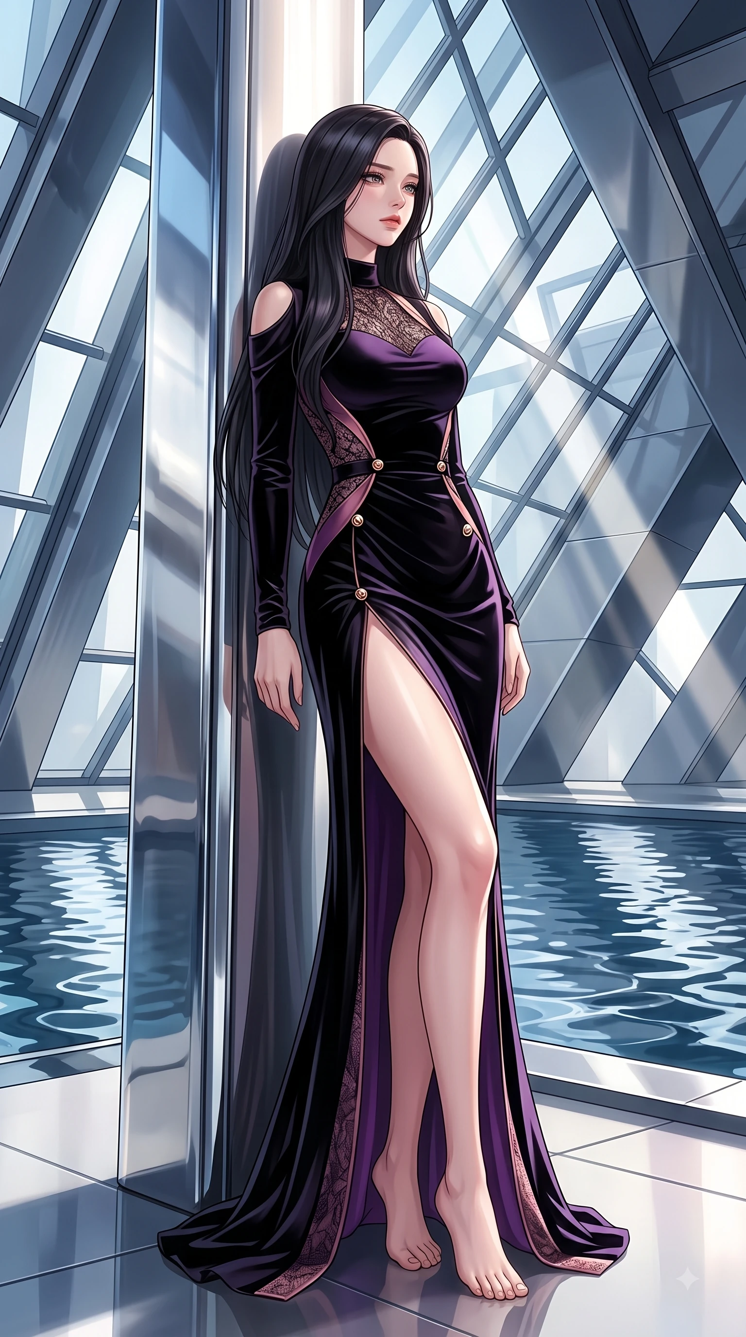 score_9, masterpiece, best quality, ultra-detailed, high-budget anime keyframe, editorial fashion photography, tasteful artistic composition, Korean woman. low angle full-body shot from head to toe showing her feet, filling the entire 9:16 vertical frame with her statuesque presence, stretching her vertical silhouette. Heart-tugging melancholic glance with a subtle drop of emotion in her eyes and a quiet wistful posture while resting against a polished chrome pillar framing her sleek fashion contour. The surrounding environment is rendered in vivid detail and crisp panoramic clarity. dramatic architectural light beams, reflecting pool ripples, and sharp structural framing in high clarity. She has an absolutely perfect, statuesque 8.5-heads proportion, an exceptionally tall and slender model-like female figure with impossibly long slender legs and an ultra-slim waist. sharp v-shaped jawline, high-bridge nose, intricate jewel-like eyes with depth, thick eyelashes, glossy lips with a natural sheen, flawlessly proportioned anatomical accuracy, natural body alignment, perfectly sculpted elegant limbs, clean dynamic posture without body distortion. wearing a dramatic black velvet evening gown with a high leg slit and subtle shoulder cutouts in deep amethyst purple and rose gold, made of fine lace weave and soft satin jersey, finished with gold metallic hardware buttons along the front, the fluid drape swaying gracefully with her dynamic editorial movement. bathed in crisp, high-contrast sunlight filtering through geometric glass panes. highly saturated vibrant anime colors, detailed shading with soft gradients, rich glossy textures, high-contrast stereoscopic depth, volumetric dynamic lighting, master piece, 9:16 ratio