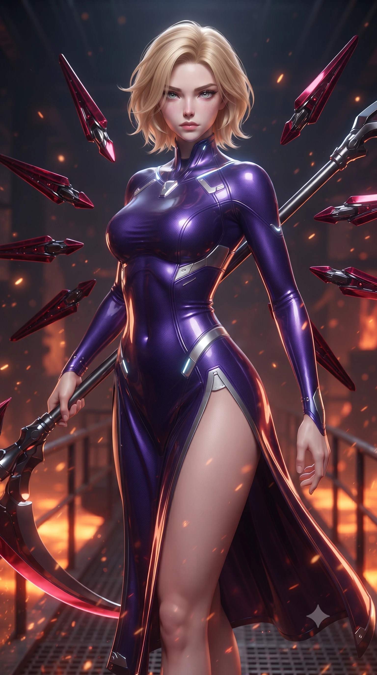 score_9, masterpiece, best quality, ultra-detailed, high-budget anime keyframe, editorial fashion photography, tasteful artistic composition, Caucasian woman. close-up cowboy shot from the waist and thighs up, the character dominates the composition, filling the frame with her large presence. gazing forward with divine sovereign poise, captivating jewel-like eyes shining with transcendent focus while holding her weapon with effortless mastery while standing poised on a suspended iron gantry above rivers of glowing geothermal magma while wielding a curved plasma scythe. The composition keeps background elements in soft focus with creamy bokeh. blazing plasma sparks and heat haze scattering glowing light motes across a dark industrial backdrop. She has an exceptionally elegant, slender, and willowy female figure with an ultra-slim waist, a gracefully sculpted slender torso, toned flat midriff, and a refined slim silhouette. sharp v-shaped jawline, high-bridge nose, intricate jewel-like eyes with depth, thick eyelashes, glossy lips with a natural sheen, flawlessly proportioned anatomical accuracy, strict slender model proportions, natural body alignment, perfectly sculpted long slender limbs, ultra-slim waistline, clean dynamic posture without body distortion. wearing a precision-fitted royal purple carbon-fiber battle-dress with high-slit tactical skirt and silver accents, directing eight floating nano-crystal funnel blades with sovereign gestures in deep crimson carbon weave with specular dark chrome accents, made of liquid carbon-jersey fabric adhering flawlessly to her sculpted silhouette, accented with glowing fiber-optic conduits tracing her collarbones and hip curves, the form-contouring material adhering flawlessly to her sculpted flat midriff and slender torso, emphasizing her long leg lines and perfectly proportioned willowy build. surrounded by a fierce, elemental, and irresistibly powerful cyber-valkyrie of fire atmosphere. ultra-reflective glossy finish, specular highlights, dark metallic sheen, high-contrast stereoscopic depth, volumetric dynamic lighting, 2k, ultra detail, master piece, 9:16 ratio