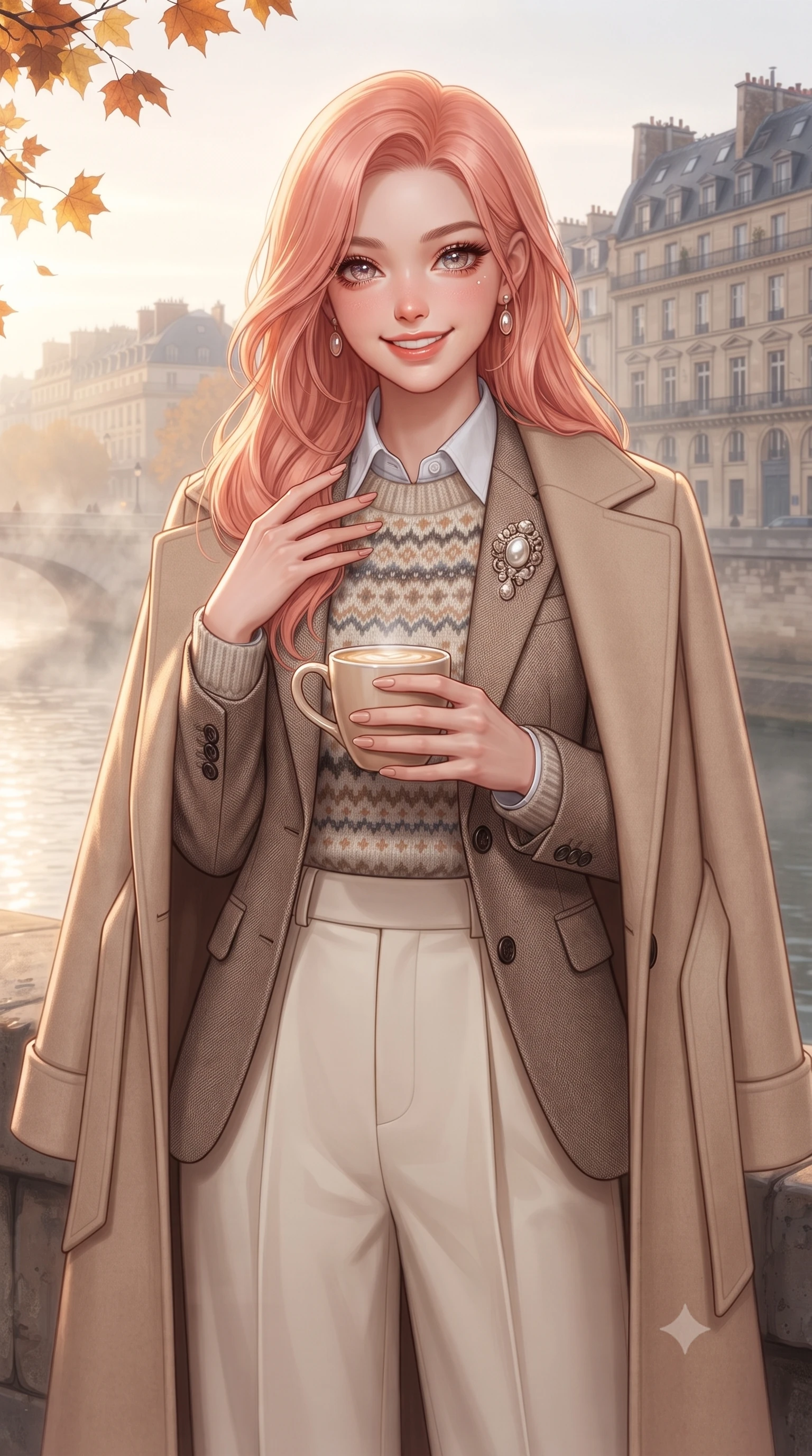 score_9, masterpiece, best quality, ultra-detailed, high-budget anime keyframe, editorial fashion photography, tasteful artistic composition, Japanese woman. close-up cowboy shot from the waist and thighs up, the character dominates the composition, filling the frame with her large presence. resting one hand gracefully on her tailored blazer lapel while looking into the camera with bright, sparkling eyes while holding a warm mug of café au lait in both hands, wrapped in an elegant wool wrap coat as morning mist rises over the river. The surrounding environment is rendered in vivid detail and crisp panoramic clarity: detailed ribbed merino knit sweater collar, tailored wide-leg trousers, and Haussmann architectural craft in high resolution. She has an exceptionally elegant, slender, and willowy female figure with an ultra-slim waist, flat toned midriff, narrow ribcage, and sculpted feminine hips creating an alluring, slim hourglass silhouette without bulk. sharp v-shaped jawline, high-bridge nose, intricate jewel-like sparkling eyes with depth, thick eyelashes, glossy parted lips with a natural peach sheen, bright cheerful beaming smile with an enchanting and coquettish sensual glint, exuding both youthful cute charm and seductive allure, flawlessly proportioned anatomical accuracy, strict slender model proportions, natural body alignment, perfectly sculpted long slender limbs, ultra-slim waistline, clean dynamic posture without body distortion. wearing a Fair Isle patterned lambswool knit sweater layered over an Oxford button-down shirt with pleated wool trousers in soft champagne ivory and warm biscuit beige, woven from fine Australian merino wool with a smooth fluid drape and subtle sheen, complemented by an antique baroque pearl brooch pinned tastefully on the lapel, the expertly draped wool fabric falling in crisp fluid lines along her tall 8.5-heads silhouette, celebrating her slender frame without excess fabric bulk. bathed in soft, luminous early morning autumn sunlight reflecting off the Seine river surface and stone facades. ultra-reflective glossy finish, specular highlights, rich textural contrasts, high-contrast stereoscopic depth, volumetric dynamic lighting, 2k, ultra detail, master piece, 9:16 ratio