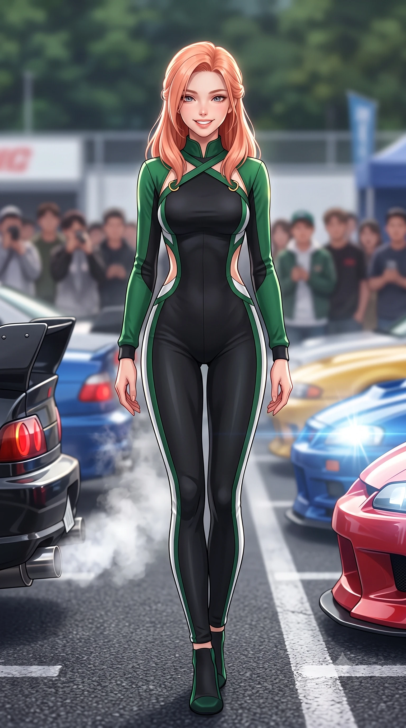 score_9, masterpiece, best quality, ultra-detailed, high-budget anime keyframe, semi-realistic 3D game render, editorial fashion photography, tasteful artistic composition, Japanese woman. low angle full-body shot from head to toe showing her feet, filling the entire 9:16 vertical frame with her statuesque presence, stretching her vertical silhouette. stepping forward gracefully across the paddock tarmac in mid-motion with a radiant beaming smile, hips swaying in an alluring kinetic rhythm that accentuates her curvy hourglass silhouette and long slender legs while walking slowly down the row of roaring tuned engines with sovereign swagger, her long slender legs and hourglass curves commanding the car meet. The background shows a soft-focus steaming exhausts and crowds of car enthusiasts softened in iconic Japanese car-culture shallow focus. She has an absolutely perfect, statuesque 8.5-heads proportion, an exceptionally tall and slender model-like female figure with impossibly long slender legs, an ultra-slim waist, a flat toned midriff, narrow delicate ribcage, and beautifully sculpted feminine hips creating a graceful, slim hourglass silhouette without any bulky heaviness. sharp v-shaped jawline, high-bridge nose, sparkling eyes with athletic focus and depth, thick curled eyelashes, glossy parted lips with a natural coral-peach sheen, bright confident and coquettish smile with alluring bedroom-eyes, exuding both youthful sporty vigor and sovereign high-society glamour, flawlessly proportioned anatomical accuracy, strict slender model proportions, natural body alignment, perfectly sculpted long slender limbs, ultra-slim waistline, clean dynamic posture without body distortion. wearing a high-performance speeder racing suit in matte black and Wimbledon green with gold hardware rings in crisp Wimbledon white and British racing green with gold accents, tailored from ultra-soft fine cashmere yarn with an airy athletic drape, finished with criss-cross back athletic straps highlighting her graceful shoulder blades, the precision-cut side openings and low-back scoop framing her graceful spine and the sensual sweep of her slim, athletic hips. illuminated by high-beam headlight flares and sharp chrome rim lights sculpting her razor-sharp jawline, narrow waist, and curvy hips. highly saturated vibrant anime colors, detailed shading with soft gradients, rich glossy textures, high-contrast stereoscopic depth, volumetric dynamic lighting, master piece, 9:16 ratio