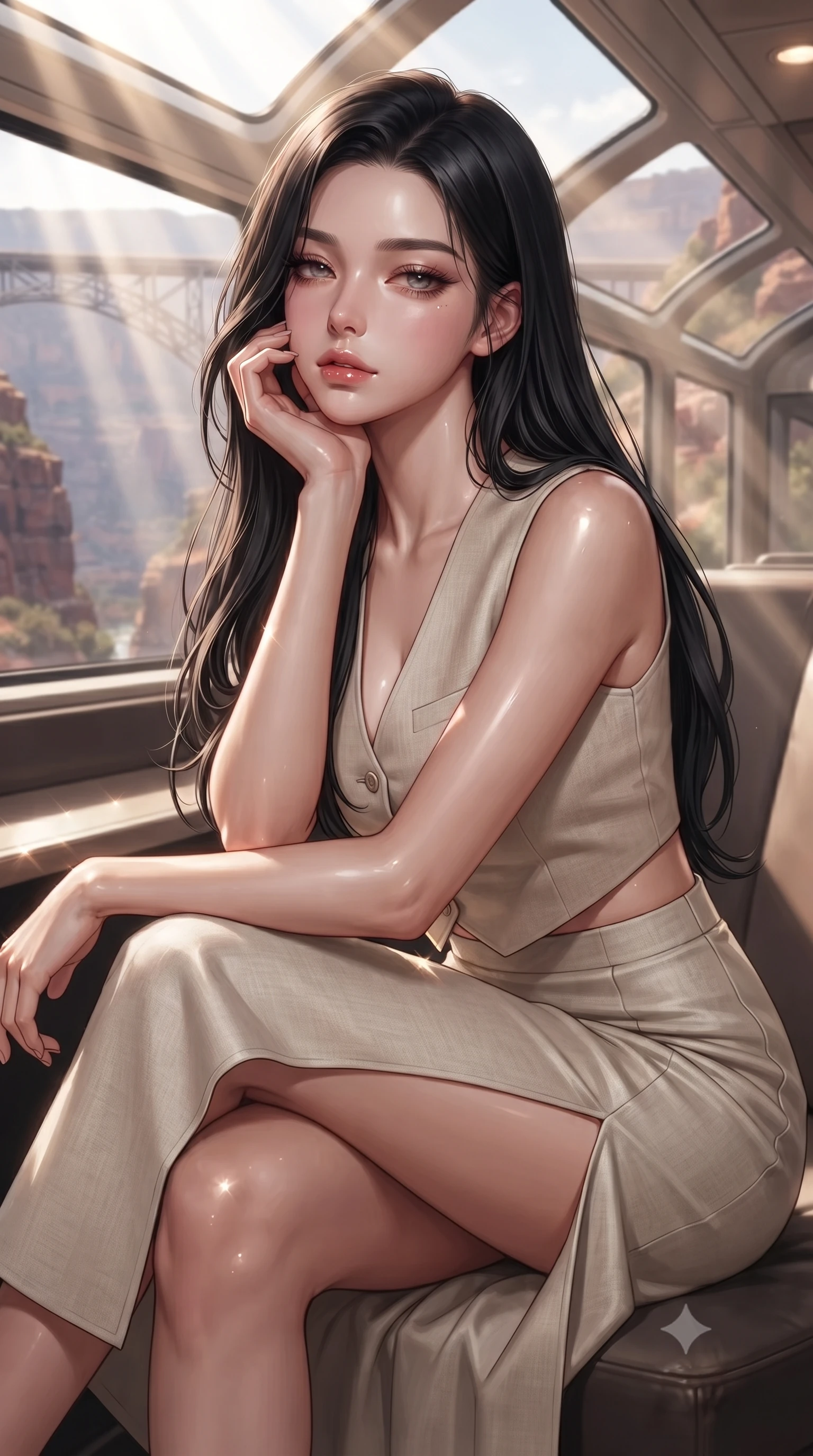 score_9, masterpiece, best quality, ultra-detailed, high-budget anime keyframe, editorial fashion photography, tasteful artistic composition, Korean woman. close-up cowboy shot from the waist and thighs up, the character dominates the composition, filling the frame with her large presence, background elements kept in soft focus. resting her chin on the backs of her fingers, casting a heavy-lidded, sultry look past the camera the background shows a soft-focus the upper deck lounge of a double-decker scenic train crossing a canyon bridge. She has an exceptionally elegant, slender, and willowy female figure with an ultra-slim waist, a gracefully sculpted slender torso, and a refined silhouette. sharp v-shaped jawline, high-bridge nose, intricate jewel-like eyes with depth, thick eyelashes, glossy lips with a natural sheen. wearing a tailored tailored vacation outfit of a linen crop vest and a matching side-slit midi skirt, revealing a subtle waist cutout. volumetric sunbeams slicing through the glass panels, creating dramatic light rays. ultra-reflective glossy finish, specular highlights, metallic sheen, high-contrast stereoscopic depth, volumetric dynamic lighting, 2k, ultra detail, master piece, 9:16 ratio