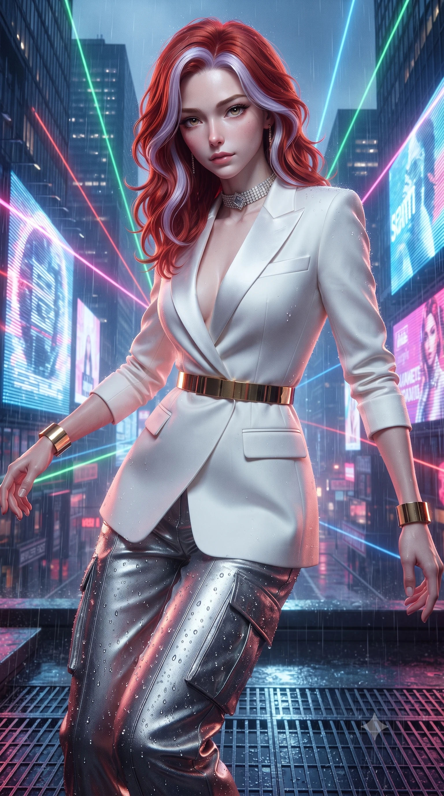 score_9, masterpiece, best quality, ultra-detailed, high-budget anime keyframe, editorial fashion photography, tasteful artistic composition, Caucasian woman. close-up cowboy shot from the waist and thighs up, the character dominates the composition, filling the frame with her large presence. leaning forward with playful, captivating grace, her sculpted collarbones and slender neckline highlighted by directional light while dancing dynamically on a rain-slicked skyscraper rooftop amidst pulsating RGB laser beams and giant holographic billboards. The surrounding environment is rendered in vivid detail and crisp panoramic clarity. sharp holographic projection scanlines, rain droplets beaded on metallic cargo pants, and rooftop grating in deep focus. She has an exceptionally elegant, slender, and willowy female figure with an ultra-slim waist, a gracefully sculpted slender torso, toned flat midriff, and a refined slim silhouette. sharp v-shaped jawline, high-bridge nose, intricate jewel-like eyes with depth, thick eyelashes, glossy lips with a natural sheen, captivating and magnetic expression, flawlessly proportioned anatomical accuracy, strict slender model proportions, natural body alignment, perfectly sculpted long slender limbs, ultra-slim waistline, clean dynamic posture without body distortion. wearing a chic tailored white tuxedo jacket dress with satin lapels and an ultra-slim waist-cinching gold belt in pristine royal white and brushed gold, made of structured fine wool crepe and liquid silk satin, accessorized with a bold diamond choker and minimalist gold cuffs edition #13, the liquid-tight tailored fabric emphasizing every curve of her tall, slender model proportions and sculptured silhouette during dynamic movement. bathed in flashing RGB strobe lights and glowing holographic billboard backlighting. ultra-reflective glossy finish, specular highlights, rich textural contrasts, high-contrast stereoscopic depth, volumetric dynamic lighting, 2k, ultra detail, master piece, 9:16 ratio