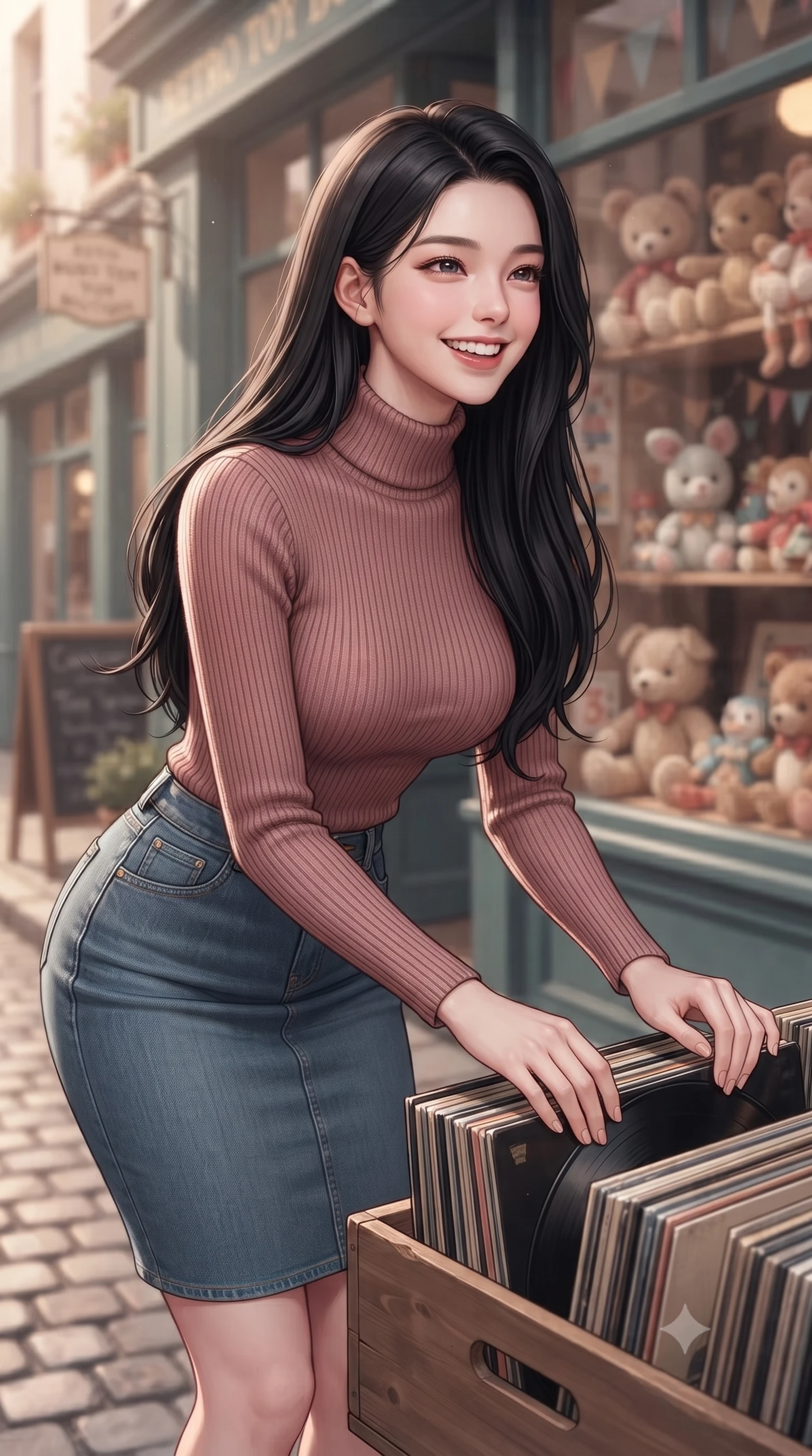 score_9, masterpiece, best quality, ultra-detailed, high-budget anime keyframe, editorial fashion photography, tasteful artistic composition, Korean woman. close-up cowboy shot from the waist and thighs up, the character dominates the composition, filling the frame with her large presence, background elements kept in soft focus. gazing past the camera with a happy, bright expression and a warm smile set against a soft-focus background of outside a retro toy boutique with cute window displays of stuffed animals browsing through a box of vintage vinyl records with a happy smile. She has an exceptionally elegant, slender, and willowy female figure with an ultra-slim waist, a gracefully sculpted slender torso, and a refined silhouette. sharp v-shaped jawline, high-bridge nose, intricate jewel-like eyes with depth, thick eyelashes, glossy lips with a natural sheen. wearing slim-fit form-fitting ribbed knit turtleneck in dusty rose, tucked into a slim denim pencil skirt. soft diffused daylight creating a warm, cozy and nostalgic atmosphere. ultra-reflective glossy finish, specular highlights, metallic sheen, high-contrast stereoscopic depth, volumetric dynamic lighting, 2k, ultra detail, master piece, 9:16 ratio