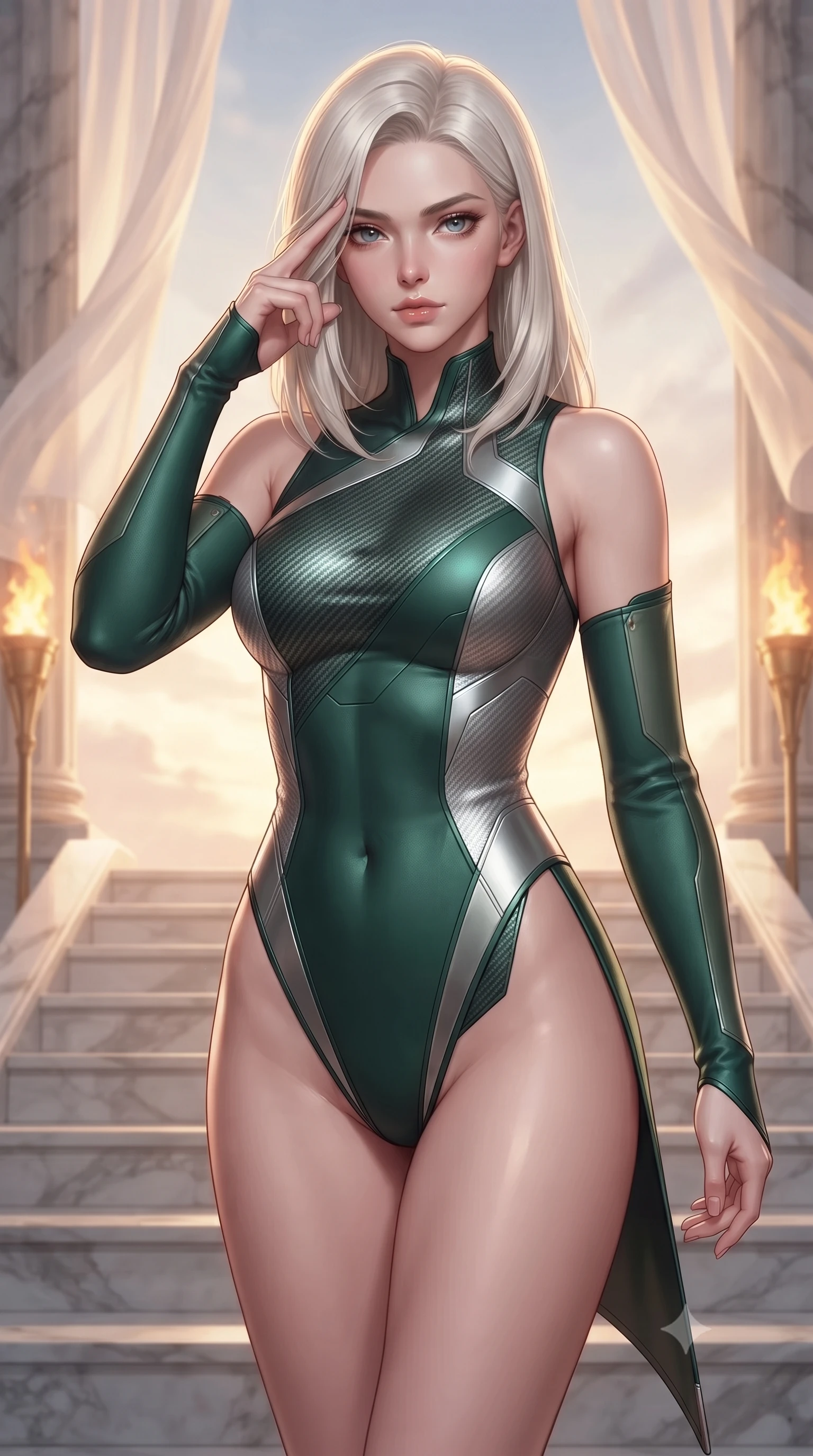 score_9, masterpiece, best quality, ultra-detailed, high-budget anime keyframe, editorial fashion photography, tasteful artistic composition, Caucasian woman. close-up cowboy shot from the waist and thighs up, the character dominates the composition, filling the frame with her large presence, background elements kept in soft focus. Pressing two fingers to her temple in a composed thoughtful gesture with an air of magnetic charisma descending a grand marble staircase flanked by golden torch flames at dusk, translucent silk curtains drifting lazily in a warm sky breeze. She has an exceptionally elegant, slender, and willowy female figure with an ultra-slim waist, a gracefully sculpted slender torso, and a refined silhouette. sharp v-shaped jawline, high-bridge nose, intricate jewel-like eyes with depth, thick eyelashes, glossy lips with a natural sheen. wearing an asymmetrical high-cut tech-bodysuit with detached sleeves in deep emerald green and silver accent, made of fine carbon-fiber weave and soft matte leather, finished with a sleek side slit ascending to mid-thigh, the form-contouring material highlighting her ultra-slim waist and long lines. surrounded by a bright, luxurious aura of warm sunshine and sky reflections. ultra-reflective glossy finish, specular highlights, metallic sheen, high-contrast stereoscopic depth, volumetric dynamic lighting, 2k, ultra detail, master piece, 9:16 ratio