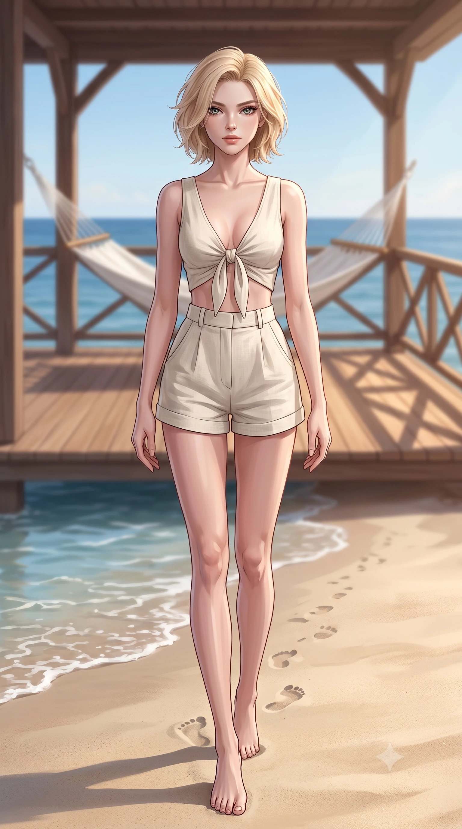 score_9, masterpiece, best quality, ultra-detailed, high-budget anime keyframe, editorial fashion photography, tasteful artistic composition, Caucasian woman woman. low angle full-body shot from head to toe showing her feet, filling the entire 9:16 vertical frame with her statuesque presence, stretching her vertical silhouette. walking slowly along the shoreline, leaving footprints in the wet sand the background shows a soft-focus a wooden balcony with a hammock overlooking the Mediterranean sea under a clear blue sky. She has an absolutely perfect, statuesque 8.5-heads proportion, an exceptionally tall and slender model-like female figure with impossibly long slender legs and an ultra-slim waist. sharp v-shaped jawline, high-bridge nose, intricate jewel-like eyes with depth, thick eyelashes, glossy lips with a natural sheen. wearing a tailored chic summer outfit of a front-tie crop top and high-waisted linen shorts. warm sunbeams tracing geometric patterns across the wooden planks. 2k, ultra detail, master piece, 9:16 ratio