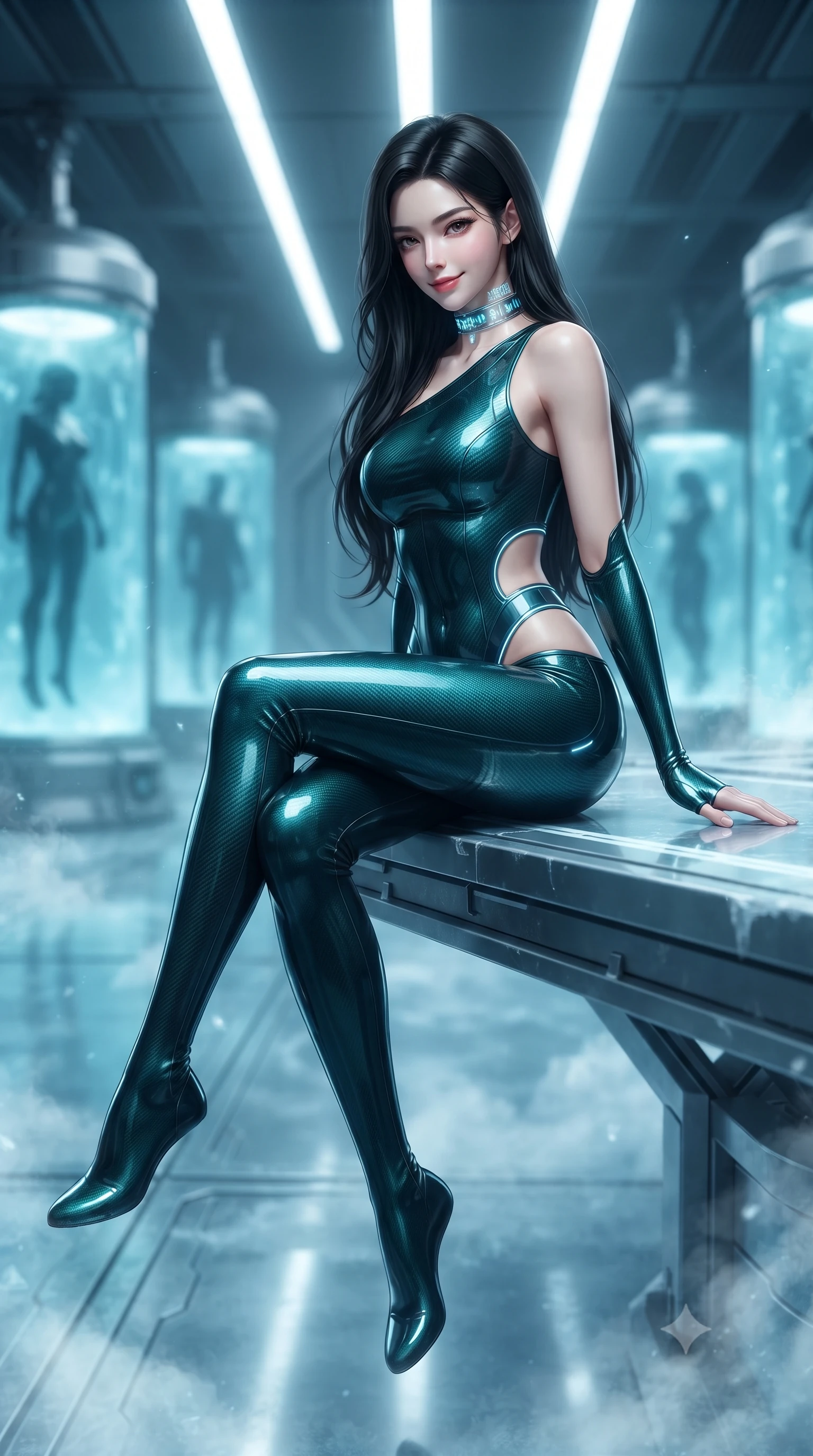score_9, masterpiece, best quality, ultra-detailed, high-budget anime keyframe, editorial fashion photography, tasteful artistic composition, Korean woman. low angle full-body shot from head to toe showing her feet, filling the entire 9:16 vertical frame with her statuesque presence, stretching her vertical silhouette. walking slowly along the transparent glass skybridge, looking back over her shoulder with an air of effortless grace and an alluring, smoldering smile while sitting gracefully on the frozen metal walkway edge with legs crossed, her form-contouring thermal suit radiating captivating allure. The background shows a soft-focus cylindrical vertical cryo-pods with suspended silhouettes and drifting ice vapors blurred into glacial cyan, cobalt, and frosty pearl bokeh. She has an absolutely perfect, statuesque 8.5-heads proportion, an exceptionally tall and slender model-like female figure with impossibly long slender legs, an ultra-slim waist, a flat toned midriff, narrow delicate ribcage, and beautifully sculpted feminine hips creating a graceful, slim hourglass silhouette without any bulky heaviness. sharp v-shaped jawline, high-bridge nose, intricate jewel-like sparkling eyes with depth, thick eyelashes, glossy parted lips with a natural sheen, bright confident smile with an enchanting and coquettish sensual glint, exuding both youthful magnetic charm and sovereign high-tech allure, flawlessly proportioned anatomical accuracy, strict slender model proportions, natural body alignment, perfectly sculpted long slender limbs, ultra-slim waistline, clean dynamic posture without body distortion. wearing an asymmetric one-shoulder combat catsuit with carbon-weave paneling and an open-waist architecture emphasizing her hips in dark emerald teal and ultraviolet glow lines, formed from supple thermal silicone composite adhering seamlessly like a second skin, complemented by a high-tech holographic choker projecting miniature glyphs, the aerodynamic second-skin silhouette tightly following the natural contour of her hips and long slender legs with youthful 8.5-heads elegance. illuminated by overhead cold-white strip lights and sharp crystalline silver rim lights carving her slim waist, hips, and jawline. ultra-reflective glossy finish, specular highlights, rich textural contrasts, high-contrast stereoscopic depth, volumetric dynamic lighting, 2k, ultra detail, master piece, 9:16 ratio