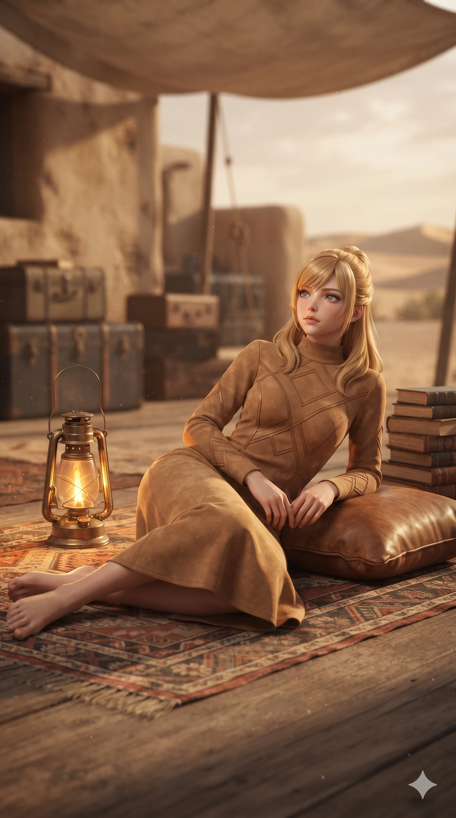 score_9, masterpiece, best quality, ultra-detailed, high-budget anime keyframe, editorial fashion photography, tasteful artistic composition, Caucasian woman. low angle full-body shot from head to toe showing her feet, filling the entire 9:16 vertical frame with her statuesque presence, stretching her vertical silhouette. reclining on her side in an elegant Cleopatra pose with one knee drawn up, the dramatic contour of her rounded hips and long slender legs commanding the 9:16 vertical frame while twisting her slender torso in an alluring S-curve beside an antique brass kerosene lantern, flickering golden light tracing her narrow waist and curvy hips. The background shows a soft-focus vintage desert outpost atmosphere softened in canvas veranda shallow focus. She has an absolutely perfect, statuesque 8.5-heads proportion, an exceptionally tall and slender model-like female figure with impossibly long slender legs, an ultra-slim waist, a flat toned midriff, narrow delicate ribcage, and beautifully sculpted feminine hips creating a graceful, slim hourglass silhouette without any bulky heaviness. sharp v-shaped jawline, high-bridge nose, sparkling eyes with hypnotic seductive depth, thick curled eyelashes, glossy parted lips with a natural dewy peach sheen, alluring bedroom-eyes with an enchanting coquettish smile, exuding magnetic siren charisma and sophisticated glamour, flawlessly proportioned anatomical accuracy, strict slender model proportions, natural body alignment, perfectly sculpted long slender limbs, ultra-slim waistline, clean dynamic posture without body distortion. wearing a modest long-sleeve suede desert shift dress with high neckline and geometric leather stitching in high-contrast coastal monochrome with gold hardware, crafted from rugged heavy-duty canvas and oiled leather with authentic desert durability, finished with a minimalist chrome choker and a single turquoise stone pendant, the impeccably tailored cut draping gracefully along her slender figure with aristocratic western poise. illuminated by timber deck bounce and sharp amber-bronze rim lights defining her razor-sharp jawline, narrow waist, and curvy hips. ultra-reflective glossy finish, specular highlights, rich textural contrasts, high-contrast stereoscopic depth, volumetric dynamic lighting, 2k, ultra detail, master piece, 9:16 ratio