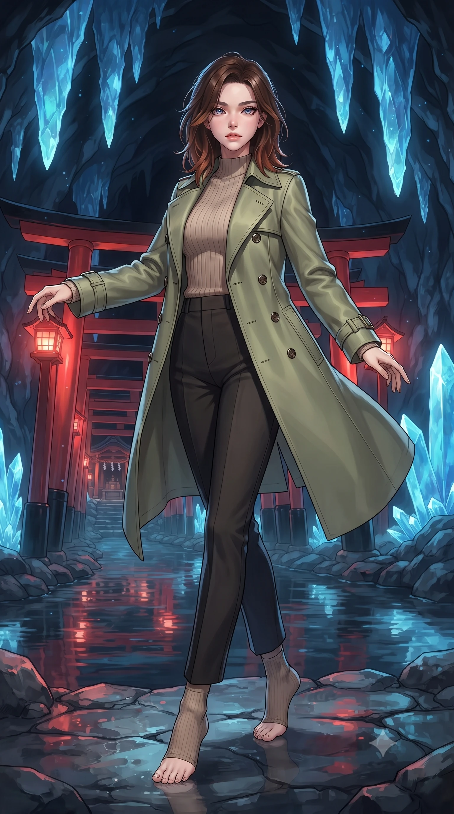 score_9, masterpiece, best quality, ultra-detailed, high-budget anime keyframe, gorgeous anime illustration, with clean line-art, distinct ink outlines, and high-contrast stereoscopic depth, Korean woman. low angle full-body shot from head to toe showing her feet, filling the entire 9:16 vertical frame with her statuesque presence, stretching her vertical silhouette. dancing with weightless grace through inside a dark cavern where a path of red torii gates leads to a shrine, surrounded by massive glowing blue crystal stalactites and a shallow river reflecting the lights. She has a statuesque 8.5-heads proportion, an exceptionally tall, slender and willowy model-like build with impossibly long legs and a highly sculpted ultra-slim waist. sharp v-shaped jawline, high-bridge nose, intricate jewel-like eyes with depth, thick eyelashes, glossy lips with a natural sheen. wearing a structured double-breasted trench in soft olive green over a beige ribbed knit mock-neck top. warm red light from hanging lanterns on the torii gates colliding with cool blue glow from the crystal stalactites. 2k, ultra detail, master piece, 9:16 ratio, highly saturated vibrant anime colors, detailed cel-shading with soft gradients, rich glossy textures, deep contrast, volumetric dynamic lighting, 2d animation style