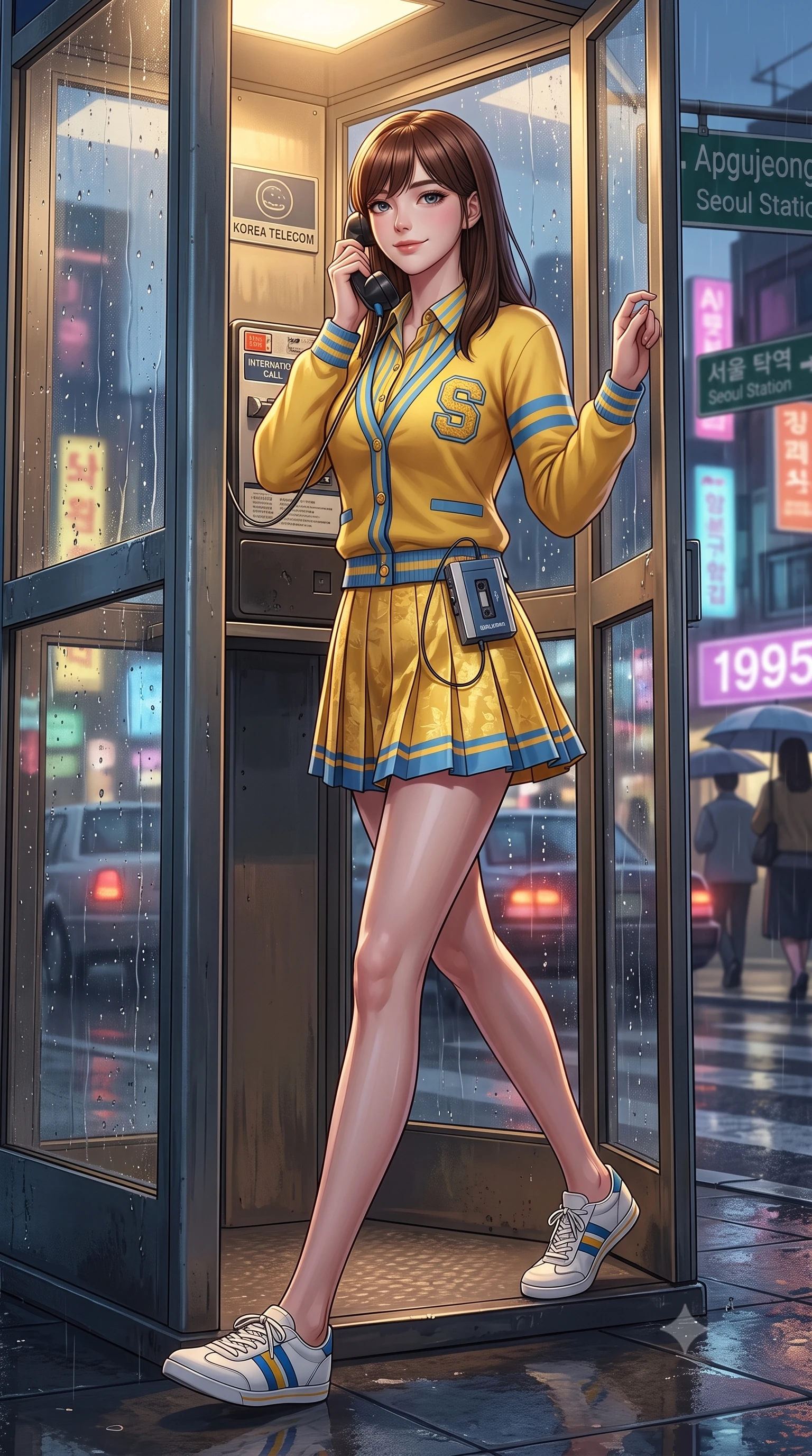 score_9, masterpiece, best quality, ultra-detailed, high-budget anime keyframe, semi-realistic 3D game render, editorial fashion photography, tasteful artistic composition, Korean woman. low angle full-body shot from head to toe showing her feet, filling the entire 9:16 vertical frame with her statuesque presence, stretching her vertical silhouette. striding forward in a proud, dynamic supermodel runway stride, her statuesque vertical silhouette commanding the entire frame while standing inside a vintage glass telephone booth with raindrops streaming down the panes, holding the receiver with a gentle smile. The surrounding environment is rendered in vivid detail and crisp panoramic clarity. emotional cinematic chiaroscuro and nostalgic 90s urban romance aesthetics captured with precision. She has an absolutely perfect, statuesque 8.5-heads proportion, an exceptionally tall and slender model-like female figure with impossibly long slender legs, a toned flat midriff, and an ultra-slim waist. sharp v-shaped jawline, high-bridge nose, intricate jewel-like eyes with depth, thick eyelashes, glossy lips with a natural sheen, captivating and magnetic expression, flawlessly proportioned anatomical accuracy, strict slender model proportions, natural body alignment, perfectly sculpted long slender limbs, ultra-slim waistline, clean dynamic posture without body distortion. wearing a preppy 80s varsity cardigan sweater layered over a crisp collared button-down shirt and a tennis pleated skirt in sunny retro canary yellow and sky blue, crafted from liquid-smooth silk satin with subtle floral jacquard, accessorized with a vintage portable cassette Walkman clipped to her waistband, the glove-like aerodynamic second-skin fit tightly clinging to her ultra-slender waist and athletic curves without adding bulk, accentuating her razor-sharp statuesque lines and slim hourglass silhouette. surrounded by an emotional, poetic, and heartwarming vintage movie heroine aura. highly saturated vibrant anime colors, detailed shading with soft gradients, rich glossy textures, high-contrast stereoscopic depth, volumetric dynamic lighting, master piece, 9:16 ratio