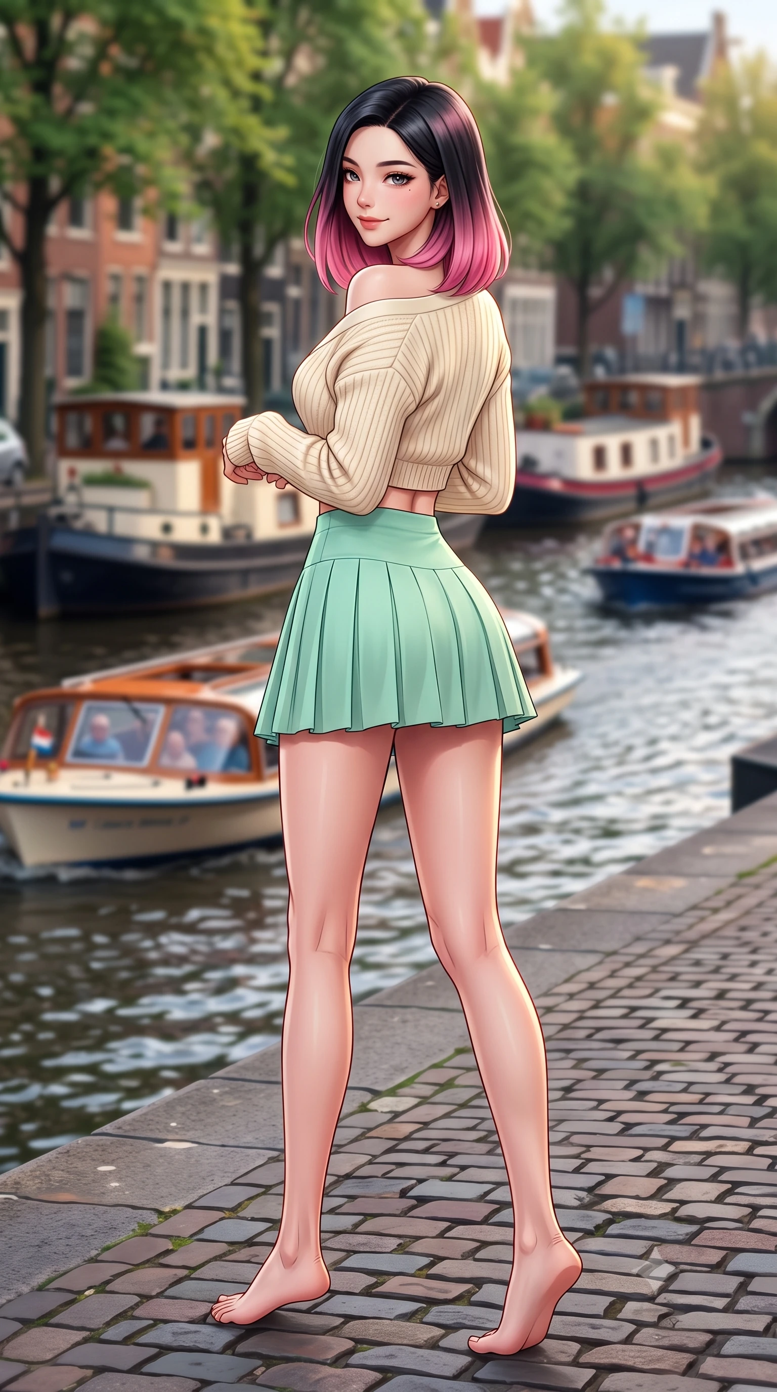 score_9, masterpiece, best quality, ultra-detailed, high-budget anime keyframe, semi-realistic 3D game render, editorial fashion photography, tasteful artistic composition, Korean woman. low angle full-body shot from head to toe showing her feet, filling the entire 9:16 vertical frame with her statuesque presence, stretching her vertical silhouette. posing with back turned slightly to the lens, glancing back with an enchanting, playful smile as she arches her lower back to emphasize her sculpted feminine hips and slender waist while walking along the tree-lined cobblestone quay, her chic real-way outfit hugging her narrow waist and curvy hips as houseboats glide by. The composition keeps background elements in soft focus with dreamy creamy bokeh. rippling canal waters and passing tour boats softened in charming Dutch shallow focus. She has an exceptionally tall and slender model-like 8.5-heads proportion, an ultra-slim waist, a flat toned midriff, narrow delicate ribcage, and beautifully sculpted feminine hips creating a graceful, slim hourglass silhouette without any bulky heaviness, with impossibly long slender legs. sharp v-shaped jawline, high-bridge nose, intricate jewel-like sparkling eyes with depth, thick eyelashes, glossy parted lips with a natural peach sheen, bright cheerful beaming smile with an enchanting and coquettish sensual glint, exuding both youthful cute charm and seductive allure, flawlessly proportioned anatomical accuracy, strict slender model proportions, natural body alignment, perfectly sculpted long slender limbs, ultra-slim waistline, clean dynamic posture without body distortion. wearing a cropped pastel ribbed knit cardigan paired with an ultra-short high-waisted pleated tennis skirt clinging tightly to her curvy hips in refreshing mint green and soft vanilla cream, crafted from liquid-tight stretch jersey emphasizing every curve, complemented by an oversized soft knit cardigan slipping off one bare shoulder, the high-waisted tailoring accentuating her ultra-slim waistline and the enchanting curve of her feminine hips with alluring charm. illuminated by warm brick wall bounce light contouring her razor-sharp jawline, narrow waist, and curvy hips. highly saturated vibrant anime colors, detailed shading with soft gradients, rich glossy textures, high-contrast stereoscopic depth, volumetric dynamic lighting, master piece, 9:16 ratio