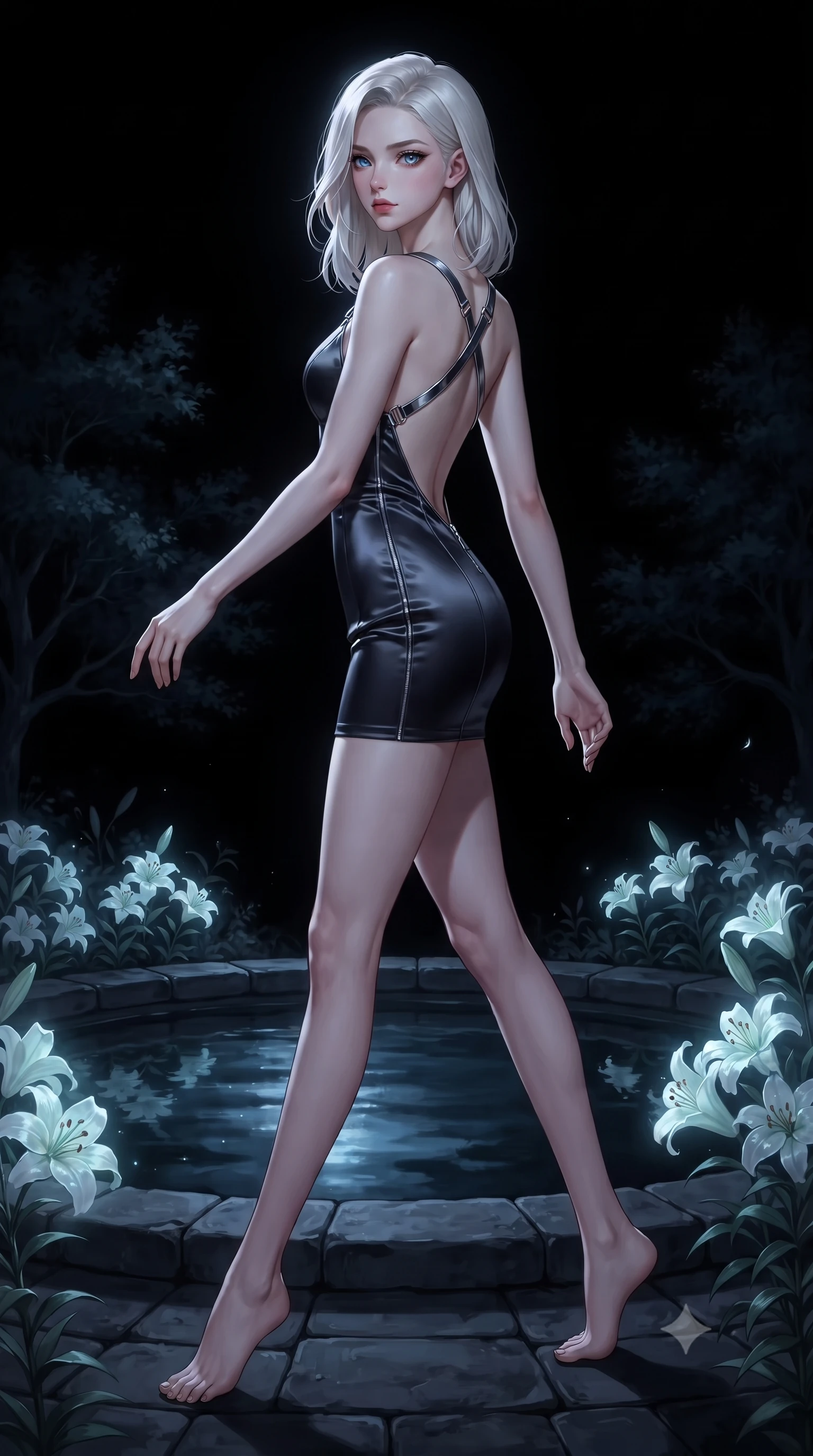 score_9, masterpiece, best quality, ultra-detailed, high-budget anime keyframe, editorial fashion photography, tasteful artistic composition, Caucasian woman. low angle full-body shot from head to toe showing her feet, filling the entire 9:16 vertical frame with her statuesque presence, stretching her vertical silhouette. stepping gracefully through the dark environment, stretching her statuesque silhouette, poised beside a dark stone pool reflecting cold moonlight and shadowy trees, night-blooming white lilies emitting a subtle ghostly white glow. She has an absolutely perfect, statuesque 8.5-heads proportion, an exceptionally tall and slender model-like female figure with impossibly long slender legs and an ultra-slim waist. sharp v-shaped jawline, high-bridge nose, intricate jewel-like eyes with depth, thick eyelashes, glossy lips with a natural sheen. wearing dramatically scooped backless dark satin mini dress with criss-cross chrome straps in metallic dark silver, made of soft dark satin, finished with metallic silver boning and sleek zipper points, contouring every curve with an exceptionally elegant silhouette. surrounded by a eerie moonlit aura and pitch-black background focus. highly saturated vibrant anime colors, detailed shading with soft gradients, rich glossy textures, high-contrast stereoscopic depth, volumetric dynamic lighting, master piece, 9:16 ratio
