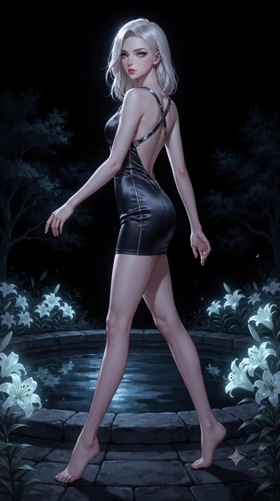 score_9, masterpiece, best quality, ultra-detailed, high-budget anime keyframe, editorial fashion photography, tasteful artistic composition, Caucasian woman. low angle full-body shot from head to toe showing her feet, filling the entire 9:16 vertica