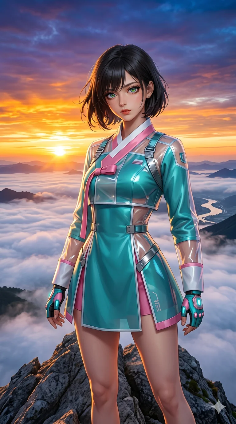 첨부의 캐릭터 얼굴만 유지해, score_9, masterpiece, best quality, ultra-detailed, Set A: Photorealistic 8k CG, Japanese woman. Upper body close-up from the thighs up, character filling the screen for maximum presence. Standing on a mountain peak as the sun rises. She has an absolutely perfect 8-heads proportion, an exceptionally tall and slender female figure with an slender waist and epic stance. Sharp v-shaped jawline, high-bridge nose, intricate jewel-like eyes with depth, thick eyelashes, glossy lips. Wearing a Modern Traditional outfit: tech-hanbok with transparent panels and metallic straps. Background is a bright and colorful sky with orange and gold clouds and a vast valley of white mist. 2k, ultra detail, master piece, 9:16 ratio