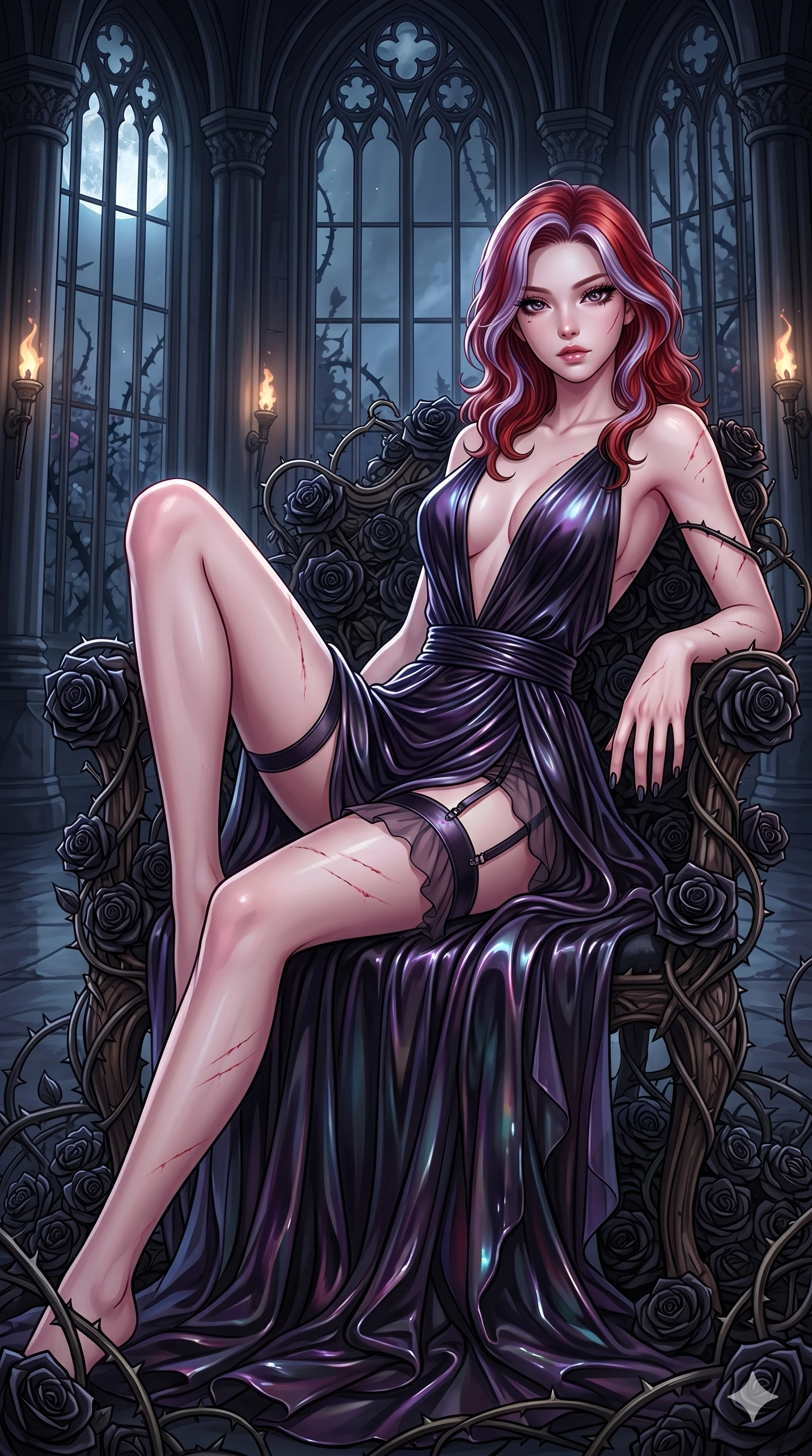 score_9, masterpiece, best quality, ultra-detailed, High-budget Anime Keyframe, East Asian woman. Dynamic full-body shot stretching the vertical silhouette to the limit. Scenario 40: Resting on a throne of black roses, thorns grazing her skin. Her presence is magnetic and overpowering in this high-budget anime scene. Outfit 40: A molten liquid silk garter with a plunging V-neckline and translucent layers. The clothing is designed to emphasize her exceptionally tall and slender 8-heads proportion. 8-heads proportion, towering silhouette, ultra-slim waist. sharp v-shaped jawline, intricate jewel-like eyes with depth, thick eyelashes, glossy lips. 2k, ultra detail, master piece, 9:16 ratio
