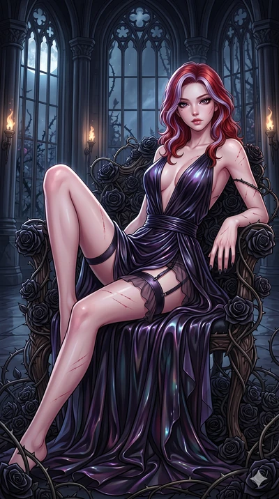 score_9, masterpiece, best quality, ultra-detailed, High-budget Anime Keyframe, East Asian woman. Dynamic full-body shot stretching the vertical silhouette to the limit. Scenario 40: Resting on a throne of black roses, thorns grazing her skin. Her pr