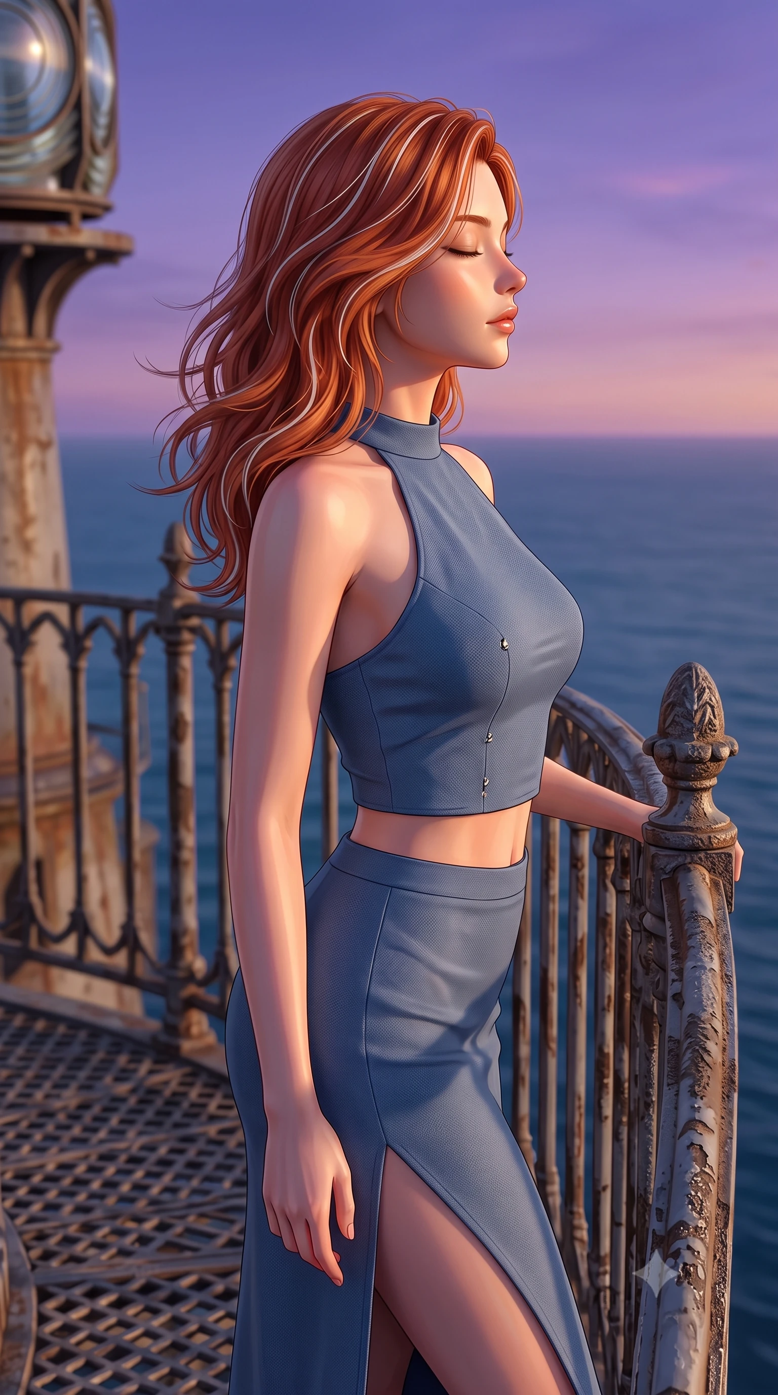 score_9, masterpiece, best quality, ultra-detailed, high-budget anime keyframe, editorial fashion photography, tasteful artistic composition, Caucasian woman woman. close-up cowboy shot from the waist and thighs up, the character dominates the composition, filling the frame with her large presence, background elements kept in soft focus. turning her face in profile to catch the warm sunlight on her cheek, eyes softly closed the background shows a soft-focus a metal balcony of a coastal lighthouse with a wide view of the ocean horizon. She has an exceptionally elegant, slender, and willowy female figure with an ultra-slim waist, a gracefully sculpted slender torso, and a refined silhouette. sharp v-shaped jawline, high-bridge nose, intricate jewel-like eyes with depth, thick eyelashes, glossy lips with a natural sheen. wearing a tailored cropped halter neck top in dusty blue paired with a side-slit midi skirt. romantic dusk lighting with a gradient of violet and orange sky. 2k, ultra detail, master piece, 9:16 ratio
