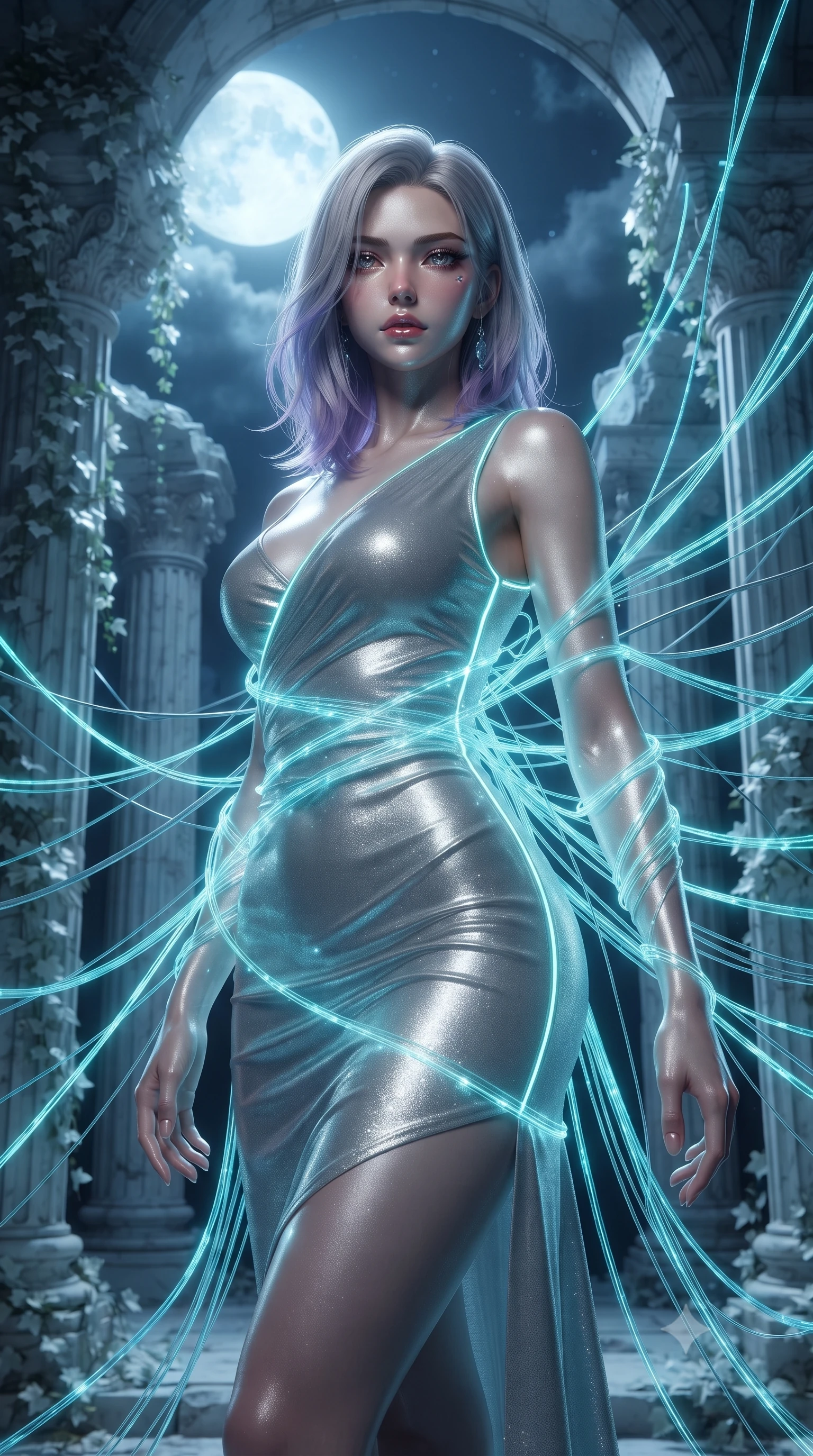 score_9, masterpiece, best quality, ultra-detailed, High-budget Anime Keyframe, editorial fashion photography, tasteful artistic composition, realistic cosplay photography, Caucasian woman, strictly human ears. Low angle cowboy shot filling the entire 9:16 frame with her statuesque presence. Scenario 365: tangled in a web of glowing cyan fiber-optic cables inside a moonlit ancient temple with collapsing marble pillars and white ivy. Her presence is magnetic and overpowering in this high-budget cinematic scene. Outfit 365: a form-contouring shimmering chiffon liquid with a low-cut shoulder and glowing LED seams. The clothing is designed to emphasize her exceptionally tall and slender 8-heads proportion. 8-heads proportion, towering silhouette, ultra-slim waist. sharp v-shaped jawline, intricate jewel-like eyes with depth, thick eyelashes, glossy lips. ultra-reflective glossy finish, specular highlights, metallic sheen, high-contrast stereoscopic depth, volumetric dynamic lighting, 2k, ultra detail, master piece, 9:16 ratio