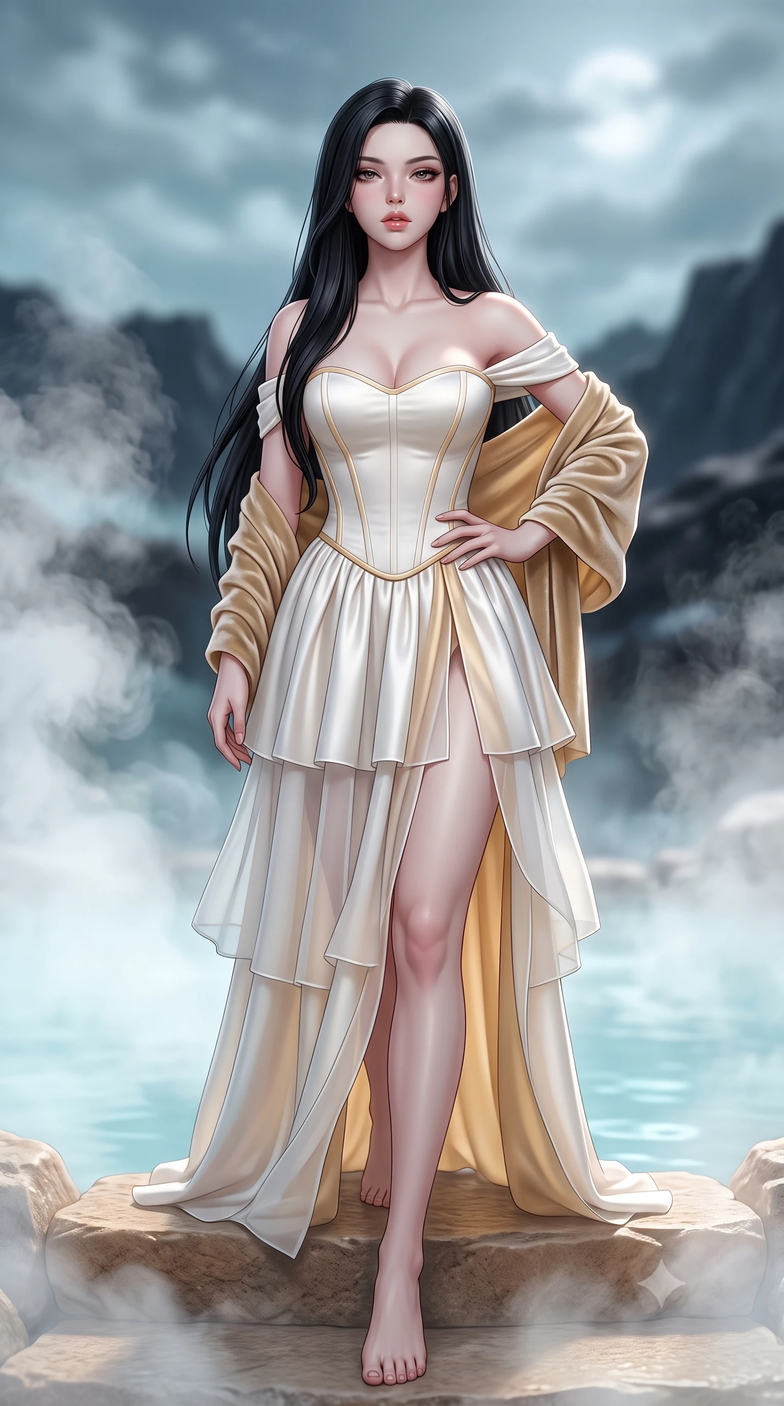 score_9, masterpiece, best quality, ultra-detailed, high-budget anime keyframe, semi-realistic 3D game render, editorial fashion photography, tasteful artistic composition, Korean woman. low angle full-body shot from head to toe showing her feet, filling the entire 9:16 vertical frame with her statuesque presence, stretching her vertical silhouette. striding forward in a proud supermodel runway stride, hips swaying in an alluring kinetic rhythm that accentuates her curvy hourglass silhouette while kneeling gracefully on the warm silica stone pool step with one hand on her hip, thermal steam rising to frame her feminine silhouette. The composition keeps background elements in soft focus with creamy bokeh. swirling geothermal steam clouds and distant volcanic basalt ridges blurred into milky-cyan, deep charcoal, and silver-moonlight bokeh. She has an exceptionally tall and slender model-like 8.5-heads proportion, an ultra-slim waist, a flat toned midriff, narrow delicate ribcage, and beautifully sculpted feminine hips creating a graceful, slim hourglass silhouette without any bulky heaviness, with impossibly long slender legs. sharp v-shaped jawline, high-bridge nose, intricate jewel-like eyes with depth, thick eyelashes, glossy parted lips with a natural sheen, intensely captivating and seductive bedroom-eyes expression, flawlessly proportioned anatomical accuracy, strict slender model proportions, natural body alignment, perfectly sculpted long slender limbs, ultra-slim waistline, clean dynamic posture without body distortion. wearing an off-shoulder French court corset bodice dress paired with a tiered translucent chiffon slit skirt in pure alabaster white and sun-kissed gold, tailored from ultra-smooth duchess satin with a pearlescent sheen, complemented by a plush velvet shawl draped loosely over her elbows, the glove-like aerodynamic silhouette tightly following the natural contour of her hips and long slender legs with statuesque 8.5-heads elegance. surrounded by an otherworldly, serene, and deeply sensual Arctic geothermal nymph aura. highly saturated vibrant anime colors, detailed shading with soft gradients, rich glossy textures, high-contrast stereoscopic depth, volumetric dynamic lighting, master piece, 9:16 ratio