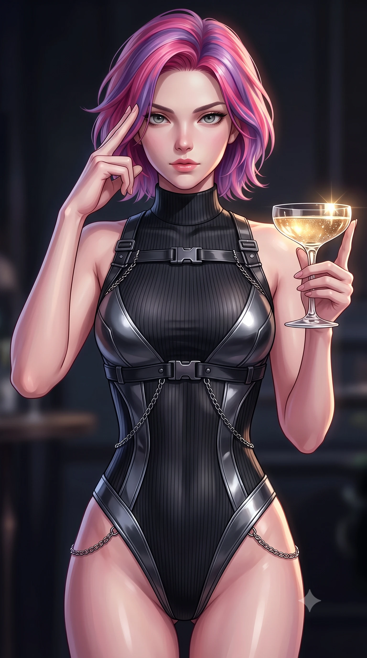 score_9, masterpiece, best quality, ultra-detailed, high-budget anime keyframe, editorial fashion photography, tasteful artistic composition, Caucasian woman. close-up cowboy shot from the waist and thighs up, the character dominates the composition, filling the frame with her large presence, background elements kept in soft focus. Pressing two fingers to her temple in a composed, sharp thoughtful gesture, holding a crystal champagne coupe as soft golden light catches the liquid, composed air of effortless superiority in her direct, calm gaze. She has an exceptionally elegant, slender, and willowy female figure with an ultra-slim waist, a gracefully sculpted slender torso, and a refined silhouette. sharp v-shaped jawline, high-bridge nose, intricate jewel-like eyes with depth, thick eyelashes, glossy lips with a natural sheen. wearing sleek high-neck ribbed activewear bodysuit in matte black in metallic dark silver, made of sculpted obsidian metallic chrome, framed by dark titanium buckles and silver chain details, following her slender form with tailored precision. surrounded by moody chiaroscuro with sharp specular glints on glass and skin. highly saturated vibrant anime colors, detailed shading with soft gradients, rich glossy textures, high-contrast stereoscopic depth, volumetric dynamic lighting, master piece, 9:16 ratio
