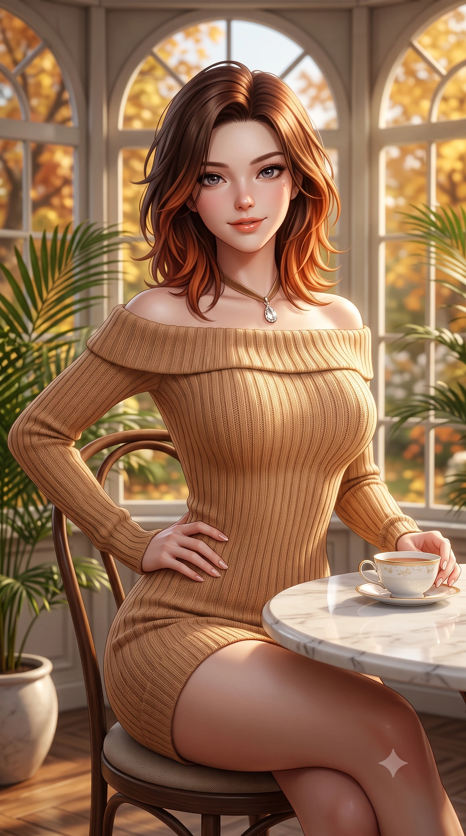 score_9, masterpiece, best quality, ultra-detailed, high-budget anime keyframe, semi-realistic 3D game render, editorial fashion photography, tasteful artistic composition, Korean woman. close-up cowboy shot from the waist and thighs up, the character dominates the composition, filling the frame with her large presence. arching her lower back slightly with one hand resting on her sculpted hip, looking into the camera with an enchanting and coquettish smile while sitting poised at a white marble conservatory tea table with hands resting gently on a porcelain cup, exuding high-society grace. The background shows a soft-focus arched multi-pane conservatory windows, lush potted palm fronds, and golden maple trees outside blurred into honey, terracotta, and olive bokeh. She has an exceptionally elegant, slender, and willowy female figure with an ultra-slim waist, flat toned midriff, narrow ribcage, and sculpted feminine hips creating an alluring, slim hourglass silhouette without bulk. sharp v-shaped jawline, high-bridge nose, intricate jewel-like sparkling eyes with depth, thick eyelashes, glossy parted lips with a natural peach sheen, bright cheerful beaming smile with an enchanting and coquettish sensual glint, exuding both youthful cute charm and seductive allure, flawlessly proportioned anatomical accuracy, strict slender model proportions, natural body alignment, perfectly sculpted long slender limbs, ultra-slim waistline, clean dynamic posture without body distortion. wearing a snug off-the-shoulder thick ribbed knit sweater dress in warm camel clinging to her hourglass contours in soft champagne ivory and warm biscuit beige, made of ultra-fine Mongolian cashmere with sleek glove-like elasticity contouring her silhouette, finished with a narrow velvet neck ribbon and a sparkling teardrop crystal pendant, the form-contouring silhouette accentuating her sculpted flat midriff, narrow delicate ribcage, and gracefully curvy hips with intoxicating allure. bathed in warm 3200K autumn sunlight streaming through floor-to-ceiling arched south-facing conservatory windows. highly saturated vibrant anime colors, detailed shading with soft gradients, rich glossy textures, high-contrast stereoscopic depth, volumetric dynamic lighting, master piece, 9:16 ratio