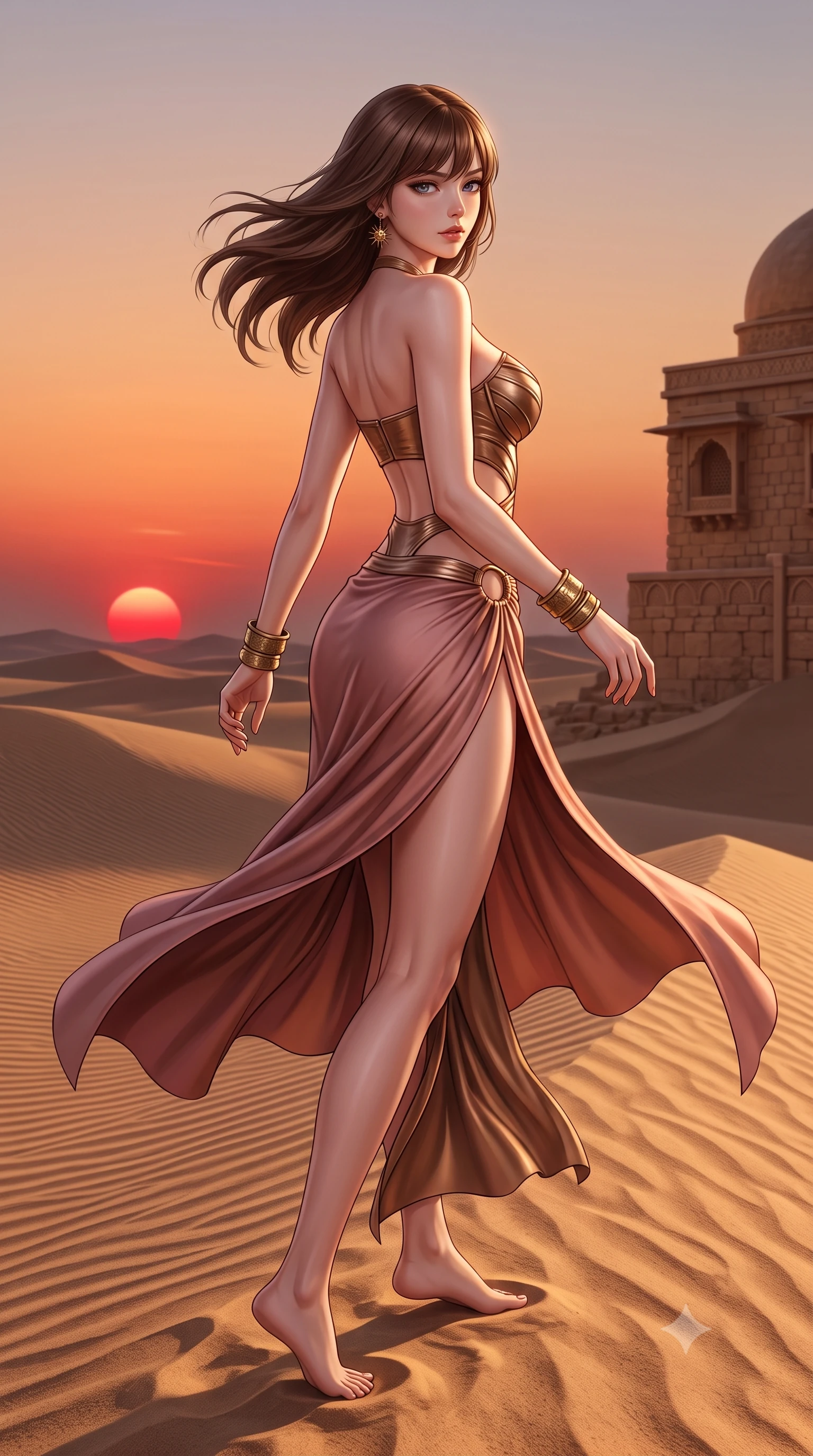score_9, masterpiece, best quality, ultra-detailed, high-budget anime keyframe, semi-realistic 3D game render, editorial fashion photography, tasteful artistic composition, Korean woman. low angle full-body shot from head to toe showing her feet, filling the entire 9:16 vertical frame with her statuesque presence, stretching her vertical silhouette. executing an elegant mid-motion pivot turn as garments swirl around her slender limbs, glancing over her shoulder with an intoxicating bedroom-gaze while striding along the ridge of the desert sands, hips swaying in an alluring kinetic rhythm as the crimson sun sinks beneath the horizon. The surrounding environment is rendered in vivid detail and crisp panoramic clarity. sharp wind-carved sand ripples, mirrored palace reflection caustics, and sandstone masonry in deep focus. She has an absolutely perfect, statuesque 8.5-heads proportion, an exceptionally tall and slender model-like female figure with impossibly long slender legs, a toned flat midriff, an ultra-slim waist, and beautifully sculpted feminine hips. sharp v-shaped jawline, high-bridge nose, intricate jewel-like eyes with depth, thick eyelashes, glossy parted lips with a natural sheen, intensely captivating and seductive bedroom-eyes expression, flawlessly proportioned anatomical accuracy, strict slender model proportions, natural body alignment, perfectly sculpted long slender limbs, ultra-slim waistline, clean dynamic posture without body distortion. wearing a sculpted metallic bronze bustier dress with an open-waist ring cutout and flowing high-slit sarong skirt in dusky desert rose and liquid bronze, tailored from fluid silk crepe with delicate inner corsetry boning, complemented by chunky hammered brass bangles and delicate sunburst earrings, the second-skin form-contouring cut accentuating her sculpted flat midriff, narrow waistline, and dramatically curvy hips without adding bulk. illuminated by dramatic low-angle sun rays defining her razor-sharp jawline, narrow waist, and curvy hips. highly saturated vibrant anime colors, detailed shading with soft gradients, rich glossy textures, high-contrast stereoscopic depth, volumetric dynamic lighting, master piece, 9:16 ratio