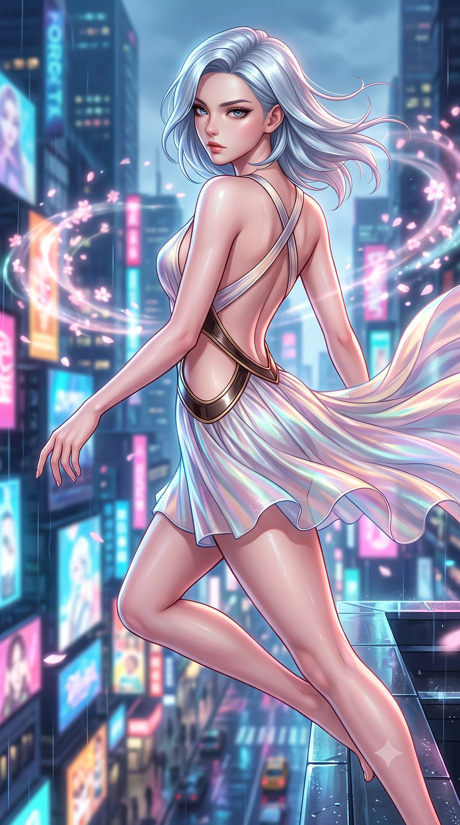 score_9, masterpiece, best quality, ultra-detailed, high-budget anime keyframe, editorial fashion photography, tasteful artistic composition, Korean woman. close-up cowboy shot from the waist and thighs up, the character dominates the composition, filling the frame with her large presence, background elements kept in soft focus. Pivoting sharply while looking back over her shoulder with heavy lashes and a confident, intense gaze while turning in a dynamic mid-air stride with neon city billboards glowing below, fluttering lightweight attire catching the high-altitude urban wind. She has an exceptionally elegant, slender, and willowy female figure with an ultra-slim waist, a gracefully sculpted slender torso, and a refined silhouette. sharp v-shaped jawline, high-bridge nose, intricate jewel-like eyes with depth, thick eyelashes, glossy lips with a natural sheen, flawlessly proportioned anatomical accuracy, natural body alignment, perfectly sculpted elegant limbs, clean dynamic posture without body distortion. wearing a dramatic open-waist cutout mini dress framed by sculptural hardware in espresso brown and warm cream, crafted from iridescent chiffon that shifts colors in the light, complemented by criss-cross back straps highlighting her bare shoulders, the sleek second-skin texture accentuating her magnetic presence. illuminated by glowing holographic sakura radiance and wet specular reflections. highly saturated vibrant anime colors, detailed shading with soft gradients, rich glossy textures, high-contrast stereoscopic depth, volumetric dynamic lighting, master piece, 9:16 ratio