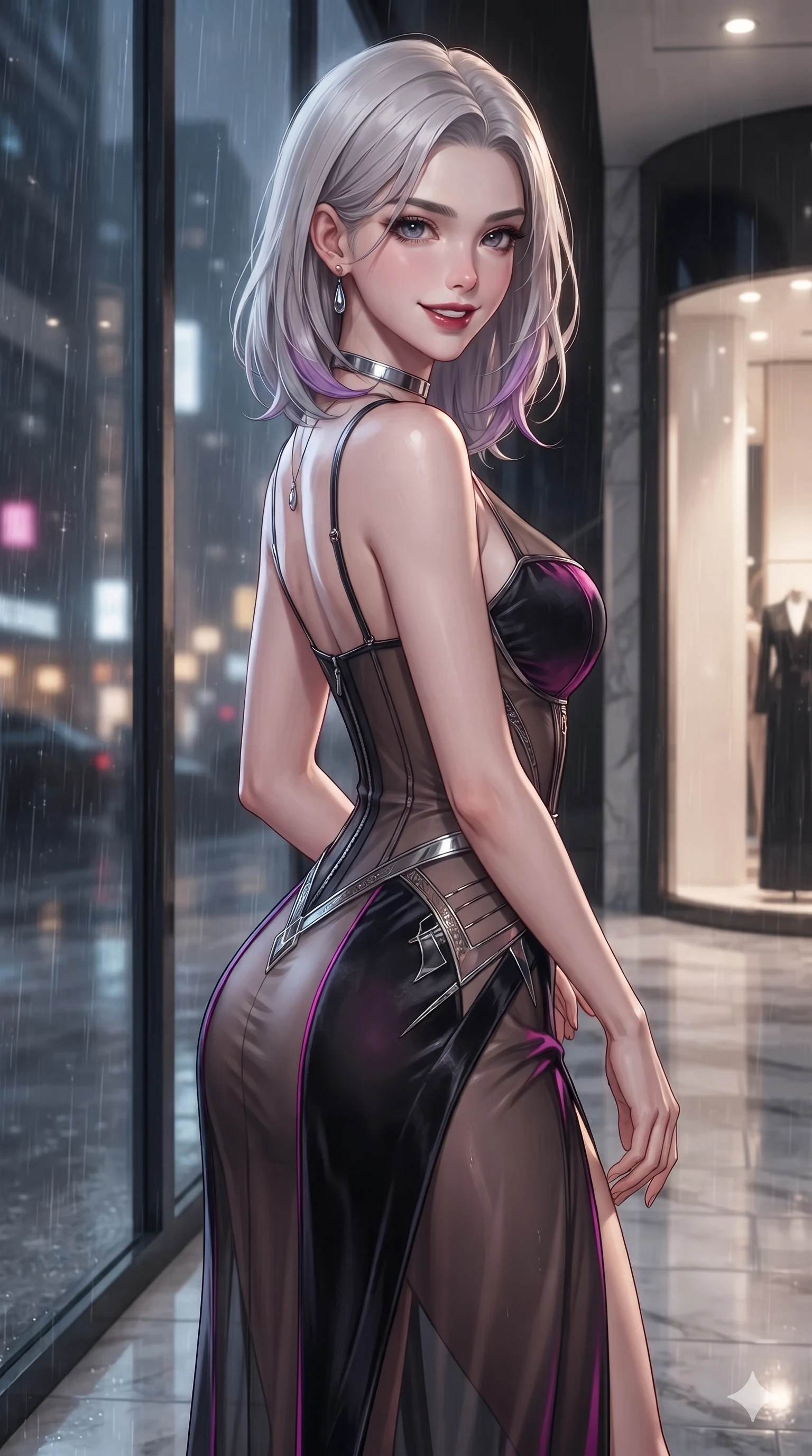score_9, masterpiece, best quality, ultra-detailed, high-budget anime keyframe, editorial fashion photography, tasteful artistic composition, Caucasian woman. close-up cowboy shot from the waist and thighs up, the character dominates the composition, filling the frame with her large presence. pausing beside an illuminated luxury boutique window with hips cocked back, glancing back with an enchanting, dangerous smile through falling rain while walking slowly across the vast marble atrium with sovereign elegance, hips swaying gracefully as her heels click on stone. The surrounding environment is rendered in vivid detail and crisp panoramic clarity: detailed asymmetric metallic gown tailoring, sheer mesh side panels, and Japanese minimalist design in razor-sharp precision. She has an exceptionally elegant, slender, and willowy female figure with an ultra-slim waist, flat toned midriff, narrow ribcage, and sculpted feminine hips creating an alluring, slim hourglass silhouette without bulk. sharp v-shaped jawline, high-bridge nose, intricate jewel-like dark sparkling eyes with dangerous depth, thick curled eyelashes, glossy parted lips with a rich wine sheen, smoldering seductive half-smile with bedroom-eyes, exuding effortless superiority and intoxicating dark allure, flawlessly proportioned anatomical accuracy, strict slender model proportions, natural body alignment, perfectly sculpted long slender limbs, ultra-slim waistline, clean dynamic posture without body distortion. wearing a sheer-illusion mesh corset gown with strategic opaque velvet panels framing her waist and hips in wet asphalt charcoal and neon magenta reflections, tailored from smooth liquid silk satin that clings smoothly to her narrow waist and rounded hips with a dewy sheen, finished with a minimalist chrome choker and a single teardrop pendant, the high-slit wrap tailoring accentuating her ultra-slim waistline and the enchanting curve of her feminine hips with alluring seductive charm. illuminated by mirror-polished marble floor bounce and sharp silver-topaz rim lights defining her razor-sharp jawline, narrow waist, and curvy hips. ultra-reflective glossy finish, specular highlights, rich textural contrasts, high-contrast stereoscopic depth, volumetric dynamic lighting, 2k, ultra detail, master piece, 9:16 ratio