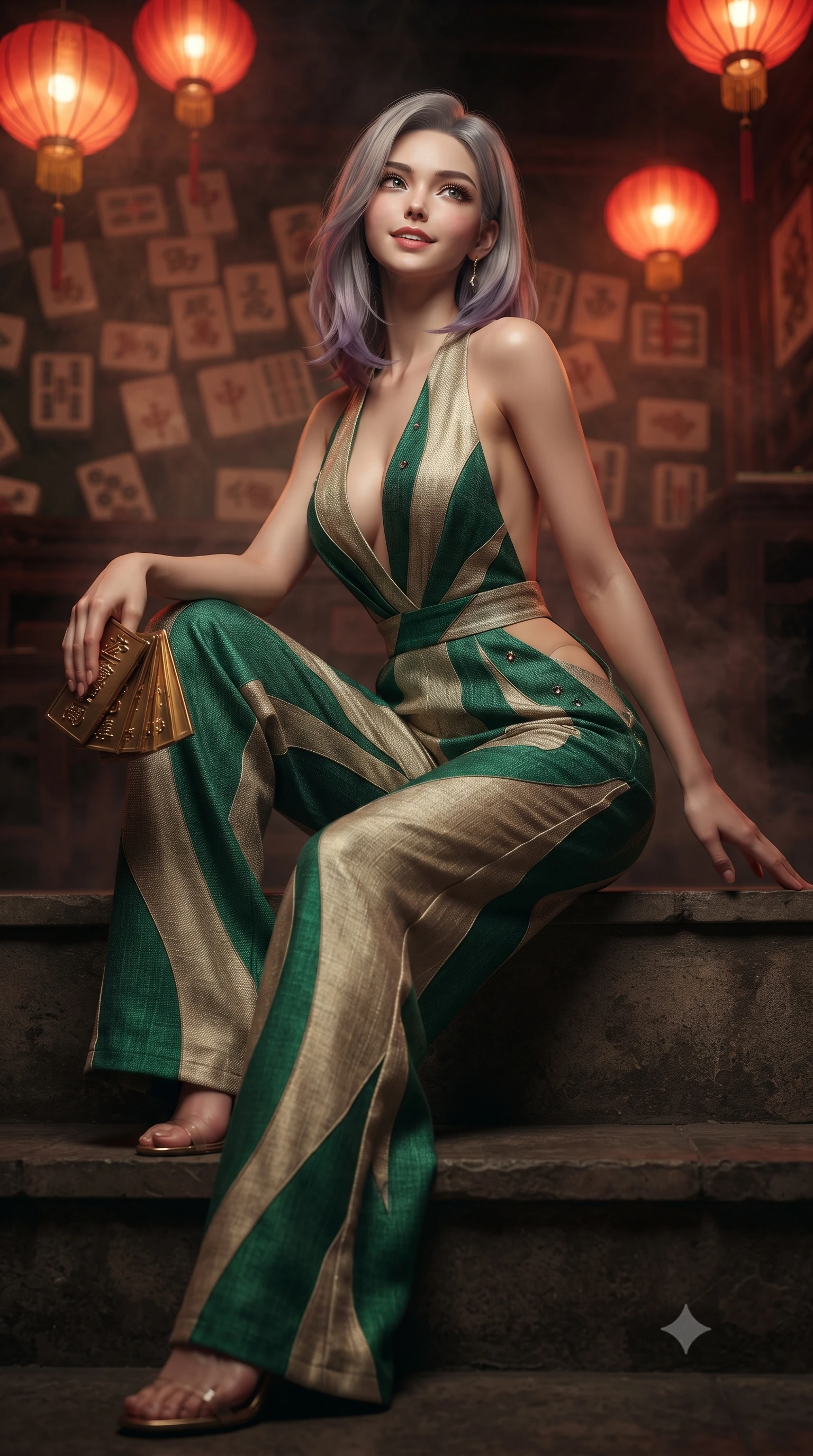 score_9, masterpiece, best quality, ultra-detailed, high-budget anime keyframe, editorial fashion photography, tasteful artistic composition, Caucasian woman. low angle full-body shot from head to toe showing her feet, filling the entire 9:16 vertical frame with her statuesque presence, stretching her vertical silhouette. sitting poised on the stone steps with one knee bent, arching her spine with supermodel elegance as she glances upward through thick eyelashes while twisting her slender torso in an alluring contrapposto stance beside the smoky bamboo screen, red lantern glow tracing her curves. The background shows a soft-focus vintage mahjong tiles softened in nostalgic clandestine salon shallow focus. She has an absolutely perfect, statuesque 8.5-heads proportion, an exceptionally tall and slender model-like female figure with impossibly long slender legs, an ultra-slim waist, a flat toned midriff, narrow delicate ribcage, and beautifully sculpted feminine hips creating a graceful, slim hourglass silhouette without any bulky heaviness. sharp v-shaped jawline, high-bridge nose, sparkling eyes with hypnotic seductive depth, thick curled eyelashes, glossy parted lips with a natural dewy peach sheen, alluring bedroom-eyes with an enchanting coquettish smile, exuding magnetic siren charisma and sophisticated glamour, flawlessly proportioned anatomical accuracy, strict slender model proportions, natural body alignment, perfectly sculpted long slender limbs, ultra-slim waistline, clean dynamic posture without body distortion. wearing a backless plunge-front second-skin satin jumpsuit with fluid wide legs and laser-cut hip openings in casino emerald green and metallic champagne gold with ruby glints, tailored from fine breathable linen with soft natural texture and elegant drape, accented with a stack of engraved gold casino plaques held loosely in one hand, the high-slit wrap tailoring accentuating her ultra-slim waistline and the enchanting curve of her feminine hips with alluring seductive charm. bathed in warm moody crimson-and-amber illumination spilling from low-hanging silk lanterns. ultra-reflective glossy finish, specular highlights, rich textural contrasts, high-contrast stereoscopic depth, volumetric dynamic lighting, 2k, ultra detail, master piece, 9:16 ratio