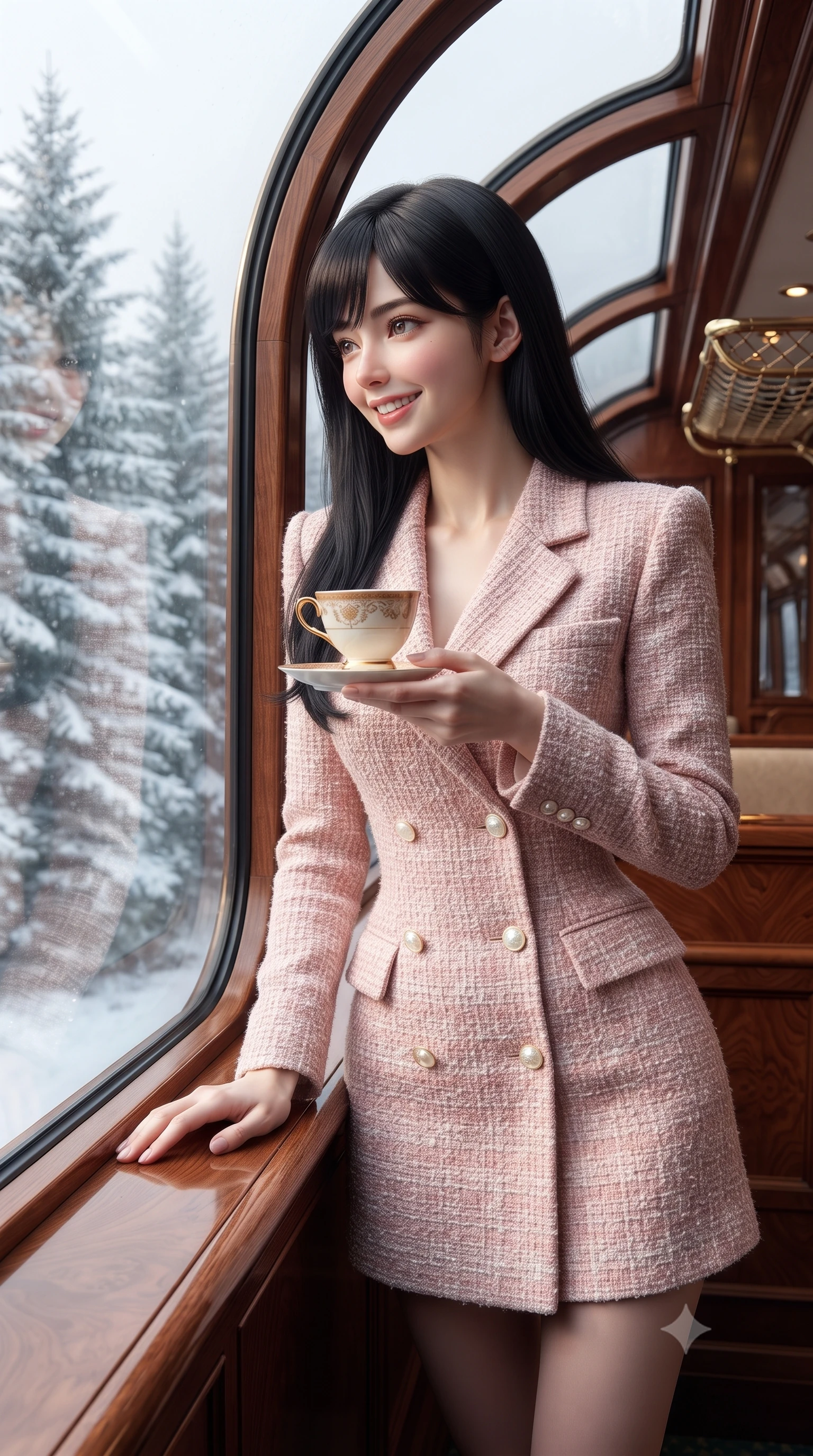 score_9, masterpiece, best quality, ultra-detailed, high-budget anime keyframe, editorial fashion photography, tasteful artistic composition, Caucasian woman. close-up cowboy shot from the waist and thighs up, the character dominates the composition, filling the frame with her large presence. holding a warm porcelain cup in both hands while tilting her head with an enchanting, beaming smile while leaning close to the curved glass window, one hand resting on the sill, gazing with bright sparkling eyes at frosted winter pines. The surrounding environment is rendered in vivid detail and crisp panoramic clarity: sharp curved glass window reflections, polished cherrywood veneer grain, and engraved brass luggage rack joints in deep focus. She has an exceptionally elegant, slender, and willowy female figure with an ultra-slim waist, flat toned midriff, narrow ribcage, and sculpted feminine hips creating an alluring, slim hourglass silhouette without bulk. sharp v-shaped jawline, high-bridge nose, intricate jewel-like sparkling eyes with depth, thick eyelashes, glossy parted lips with a natural peach sheen, bright cheerful beaming smile with an enchanting and coquettish sensual glint, exuding both youthful cute charm and seductive allure, flawlessly proportioned anatomical accuracy, strict slender model proportions, natural body alignment, perfectly sculpted long slender limbs, ultra-slim waistline, clean dynamic posture without body distortion. wearing a structured double-breasted tweed dress with notched lapels, long sleeves, and decorative mother-of-pearl buttons in Parisian pastel rose bouclé and cream pearl, tailored from fine wool gabardine with crisp permanent pleats and sharp drape, featuring delicate tonal horn buttons and meticulous hand-stitched pick-lapel borders, the sharp shoulder tailoring and gently nipped waist framing her slender torso with pristine sartorial perfection. bathed in dynamic shifting daylight filtering through curved glass roof panels as the train glides through alpine mountain passes. ultra-reflective glossy finish, specular highlights, rich textural contrasts, high-contrast stereoscopic depth, volumetric dynamic lighting, 2k, ultra detail, master piece, 9:16 ratio