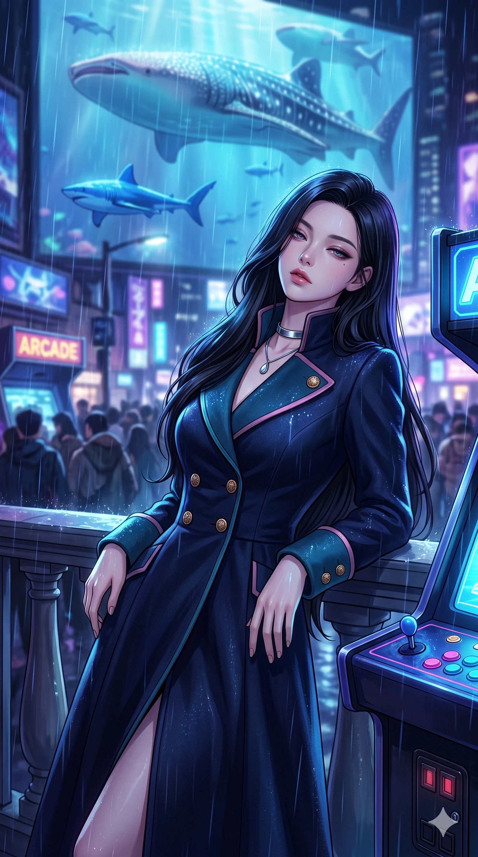score_9, masterpiece, best quality, ultra-detailed, high-budget anime keyframe, editorial fashion photography, tasteful artistic composition, Korean woman. close-up cowboy shot from the waist and thighs up, the character dominates the composition, filling the frame with her large presence. leaning back against the balustrade with relaxed seductive grace, head tilted back slightly while casting a hypnotic, heavy-lidded gaze while leaning against the glowing arcade console with hips cocked back, watching holographic blue sharks swim through the rain with smoldering bedroom-eyes. The background shows a soft-focus gigantic holographic whale sharks swimming through urban rain, glowing arcade marquees, and dense street crowds blurred into cobalt, violet, and electric cyan bokeh. She has an exceptionally elegant, slender, and willowy female figure with an ultra-slim waist, flat toned midriff, narrow ribcage, and sculpted feminine hips creating an alluring, slim hourglass silhouette without bulk. sharp v-shaped jawline, high-bridge nose, intricate jewel-like sparkling eyes with depth, thick eyelashes, glossy parted lips with a natural peach sheen, bright cheerful beaming smile with an enchanting and coquettish sensual glint, exuding both youthful cute charm and seductive allure, flawlessly proportioned anatomical accuracy, strict slender model proportions, natural body alignment, perfectly sculpted long slender limbs, ultra-slim waistline, clean dynamic posture without body distortion. wearing a structured high-collar Victorian opera greatcoat in midnight navy wool with polished brass crest buttons in subterranean lagoon turquoise and lotus blossom pink, crafted from bespoke double-faced cashmere with an exceptionally soft tactile finish, finished with a minimalist chrome choker and a single teardrop diamond pendant, the impeccably tailored cut draping gracefully along her slender figure with aristocratic poise. bathed in the glowing azure and indigo illumination of the monumental virtual aquarium billboard. ultra-reflective glossy finish, specular highlights, rich textural contrasts, high-contrast stereoscopic depth, volumetric dynamic lighting, 2k, ultra detail, master piece, 9:16 ratio