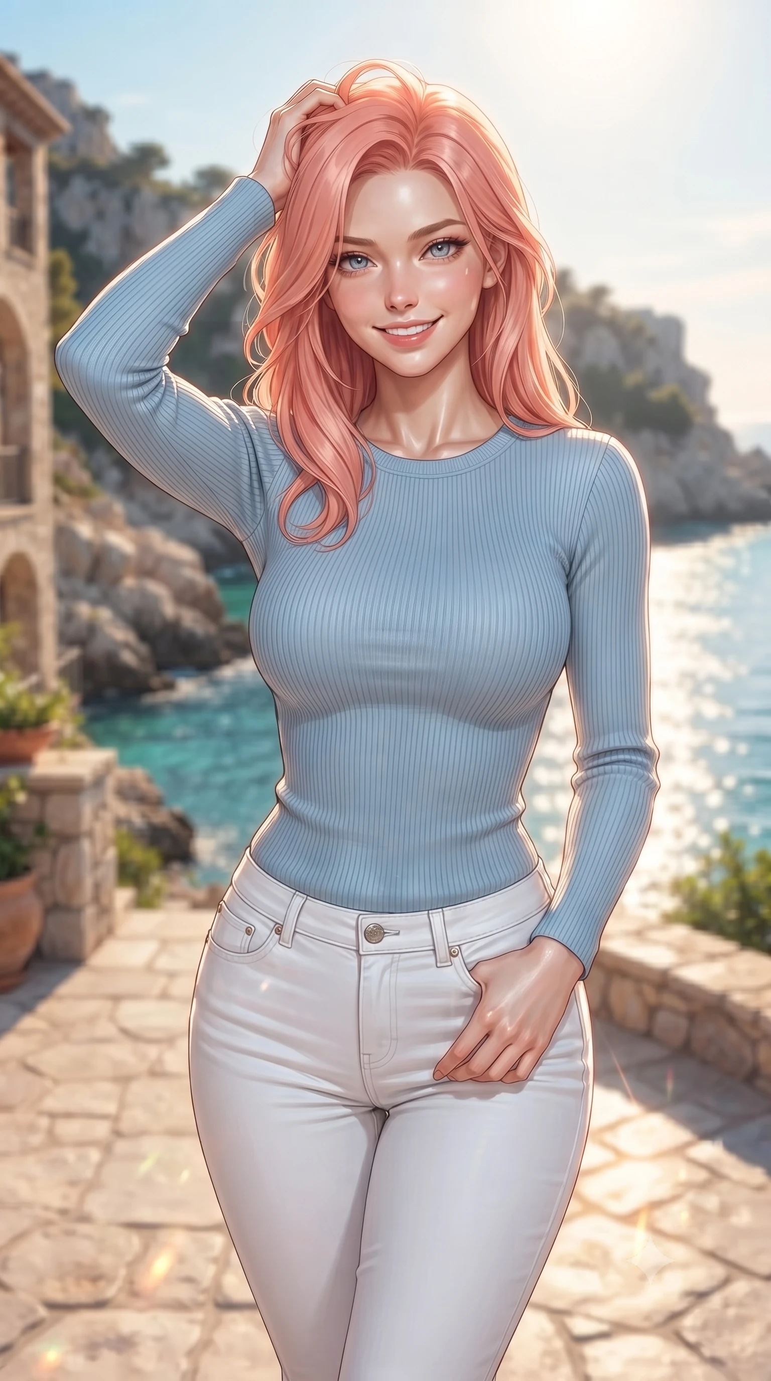 score_9, masterpiece, best quality, ultra-detailed, high-budget anime keyframe, editorial fashion photography, tasteful artistic composition, Japanese woman woman. close-up cowboy shot from the waist and thighs up, the character dominates the composition, filling the frame with her large presence, background elements kept in soft focus. smiling with quiet, magnetic self-assurance directly into the camera, running a hand through her hair the background shows a soft-focus a stone terrace of a coastal villa overlooking a rocky bay with turquoise water. She has an exceptionally elegant, slender, and willowy female figure with an ultra-slim waist, a gracefully sculpted slender torso, and a refined silhouette. sharp v-shaped jawline, high-bridge nose, intricate jewel-like eyes with depth, thick eyelashes, glossy lips with a natural sheen. wearing a slim-fit body-hugging light blue ribbed long-sleeve top paired with tight white denim pants. warm afternoon sunbeams reflecting off the ocean surface onto the terrace. ultra-reflective glossy finish, specular highlights, metallic sheen, high-contrast stereoscopic depth, volumetric dynamic lighting, 2k, ultra detail, master piece, 9:16 ratio